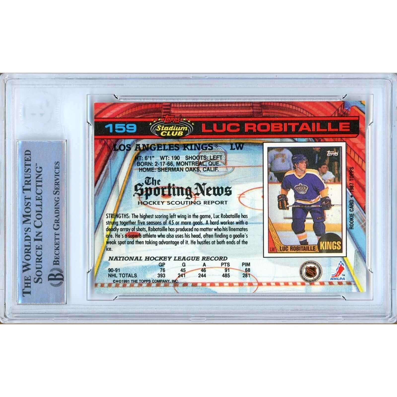 1991 Topps Stadium Club #159 Luc Robitaille Los Angeles Kings Signed Trading Card – Beckett BAS.