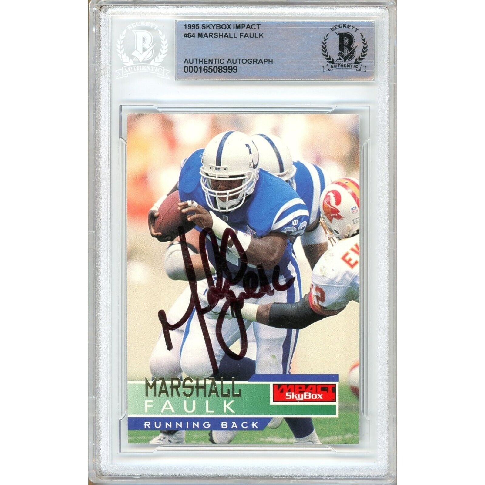 Marshall Faulk Indianapolis Colts autographed trading card – full view – Beckett COA