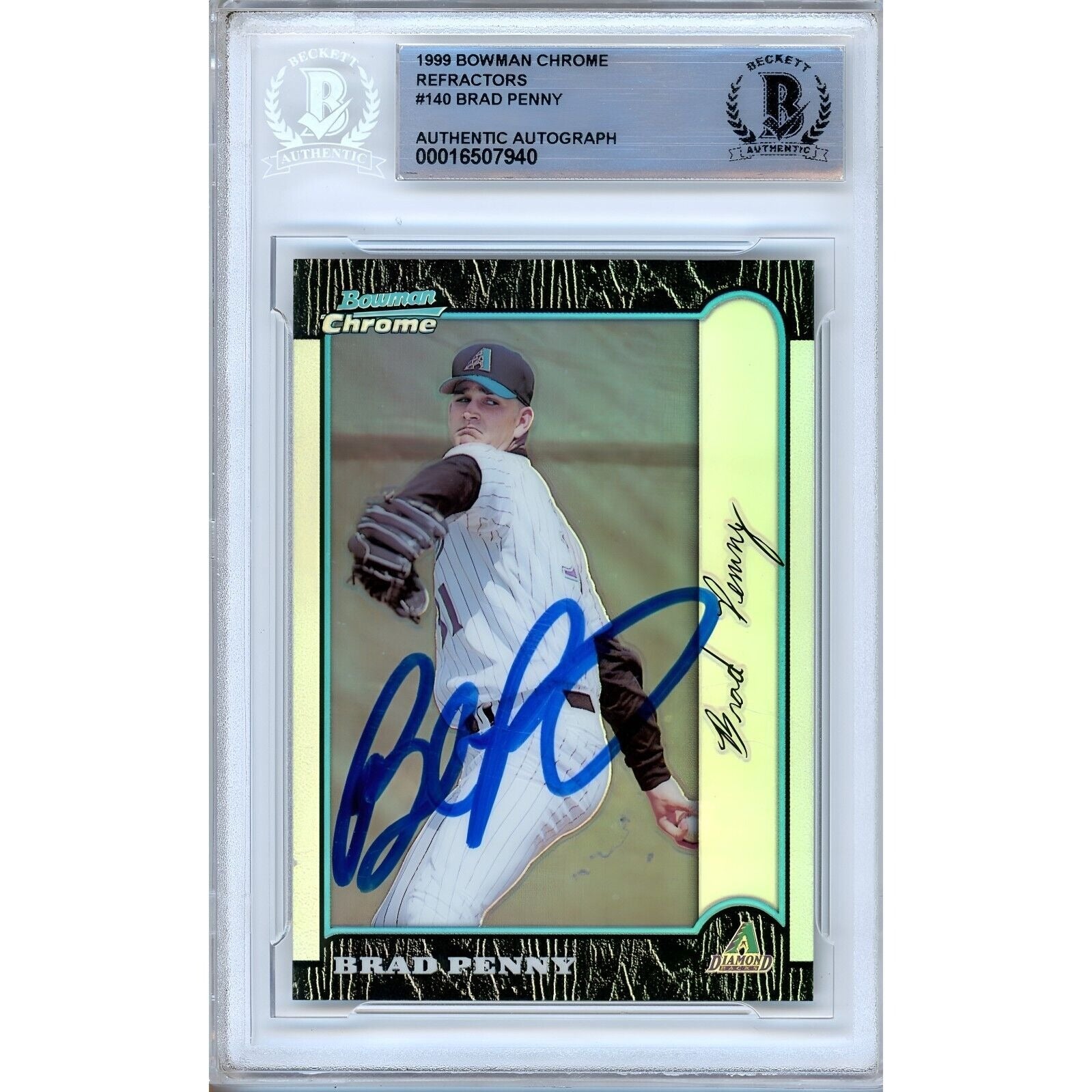 Baseballs- Autographed- Brad Penny Arizona Diamondbacks Signed 1999 Bowman Chrome Baseball Card Beckett Authentic Auto Slab Front