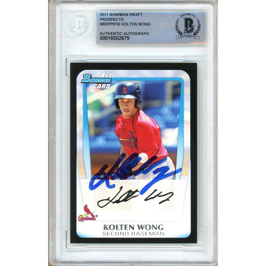 Baseballs- Autographed- Kolten Wong St Louis Cardinals Signed 2011 Bowman Draft Prospects Rookie Baseball Card Beckett Authentic Auto Slab Front