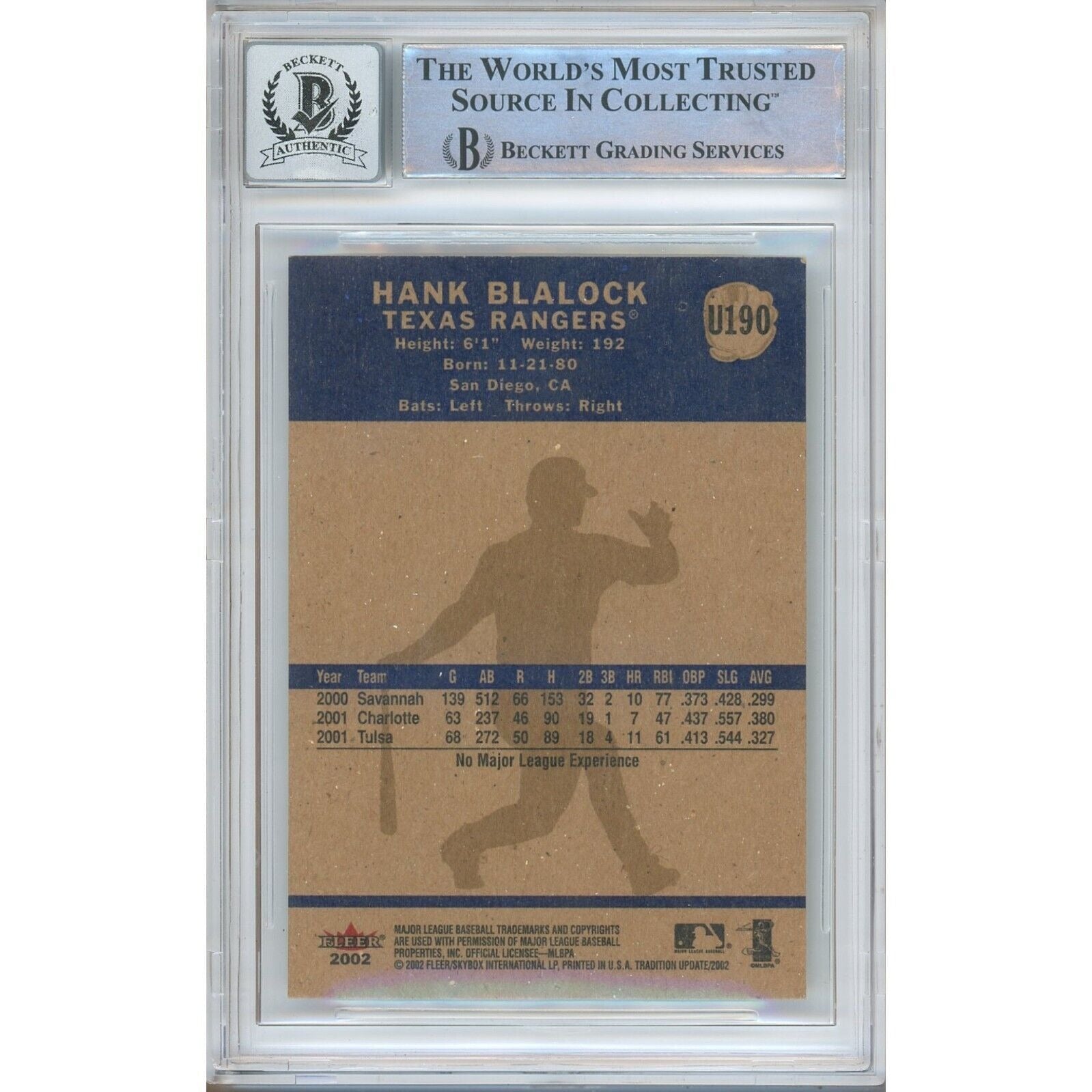 Baseballs- Autographed- Hank Blalock Texas Rangers Signed 2002 Fleer Tradition Update Baseball Card Beckett Authentic BGS Auto-10 Graded Slab Back