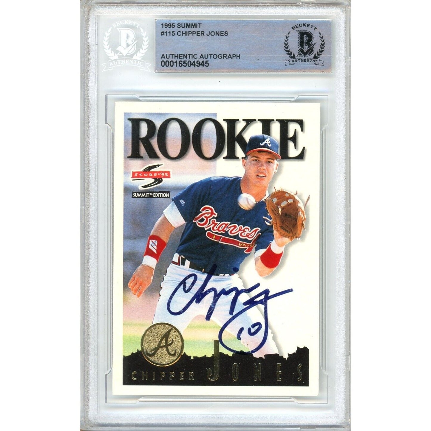 Baseballs- Autographed- Chipper Jones Atlanta Braves Signed 1995 Pinnacle Summit Rookie Baseball Card Beckett Authentic Auto Slab Front