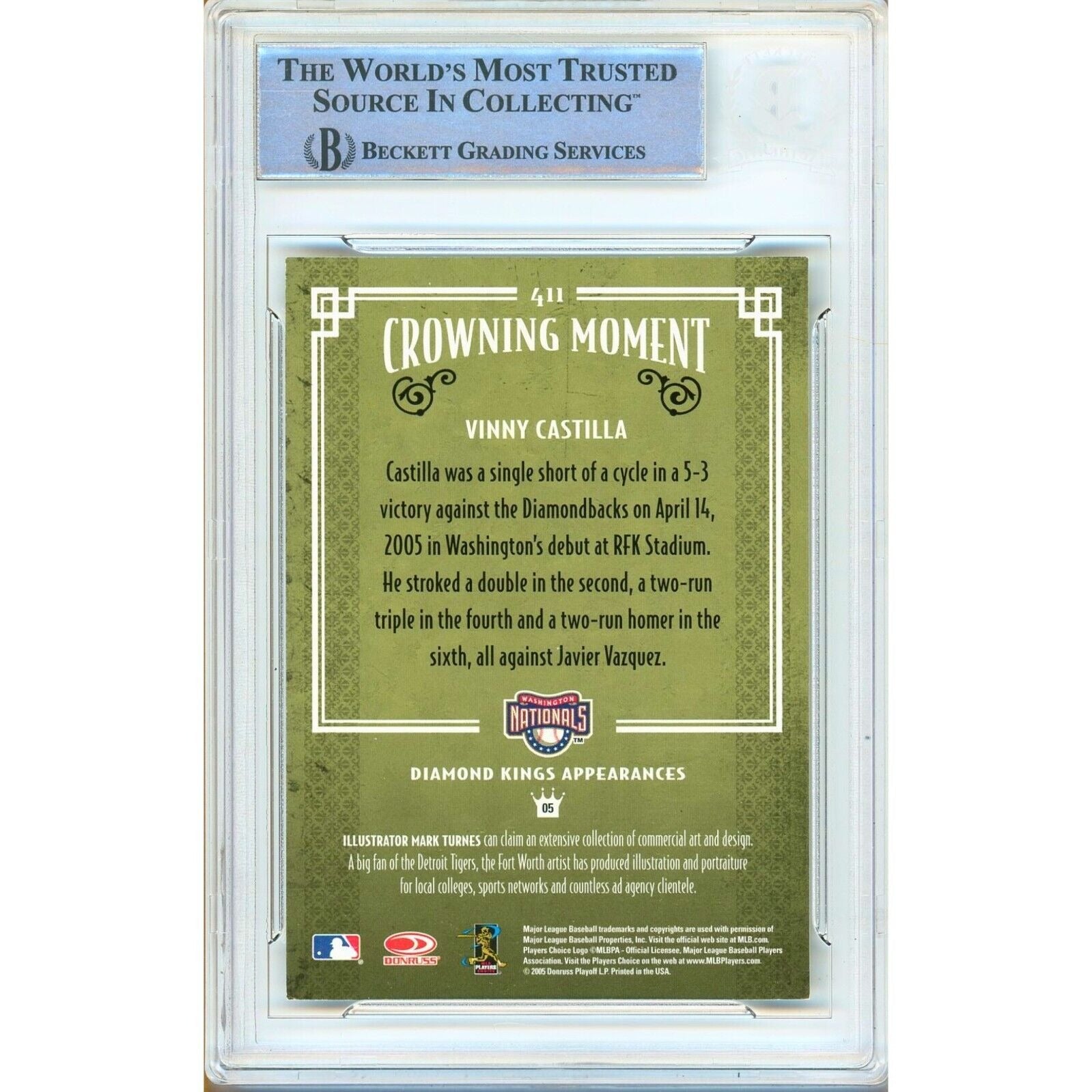 Baseballs- Autographed- Vinny Castilla Washington Nationals Signed 2005 Donruss Diamond Kings Trading Card Beckett Authentic Auto Slab Back