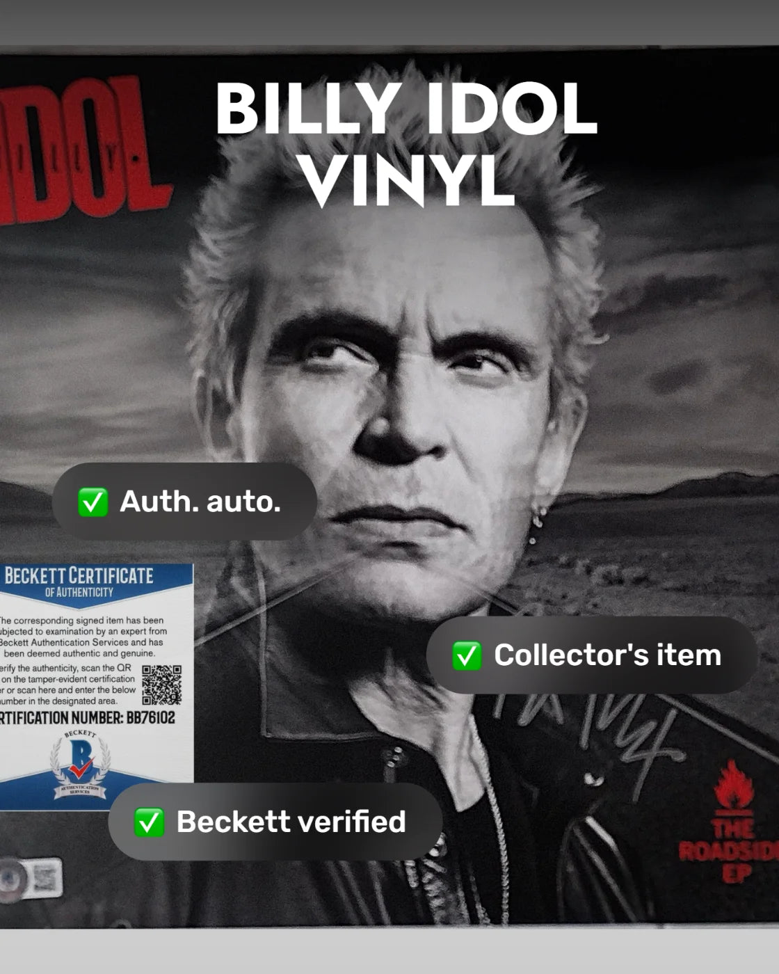 Billy Idol Autographed Roadside Vinyl Record Album Cover - Beckett Authentication