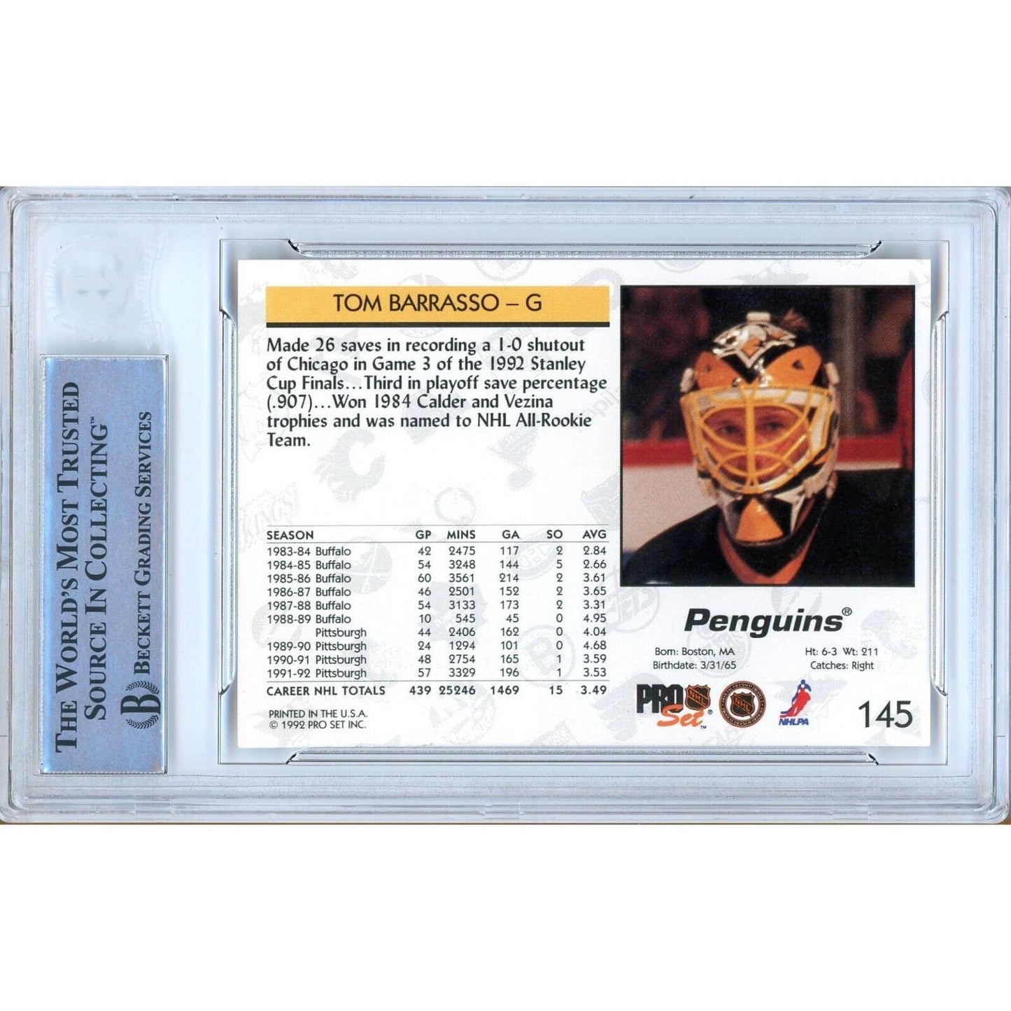 Hockey- Autographed- Tom Barrasso Pittsburgh Penguins Signed 1992-93 NHL Pro Set Trading Card Beckett Authentic Auto Slab Back