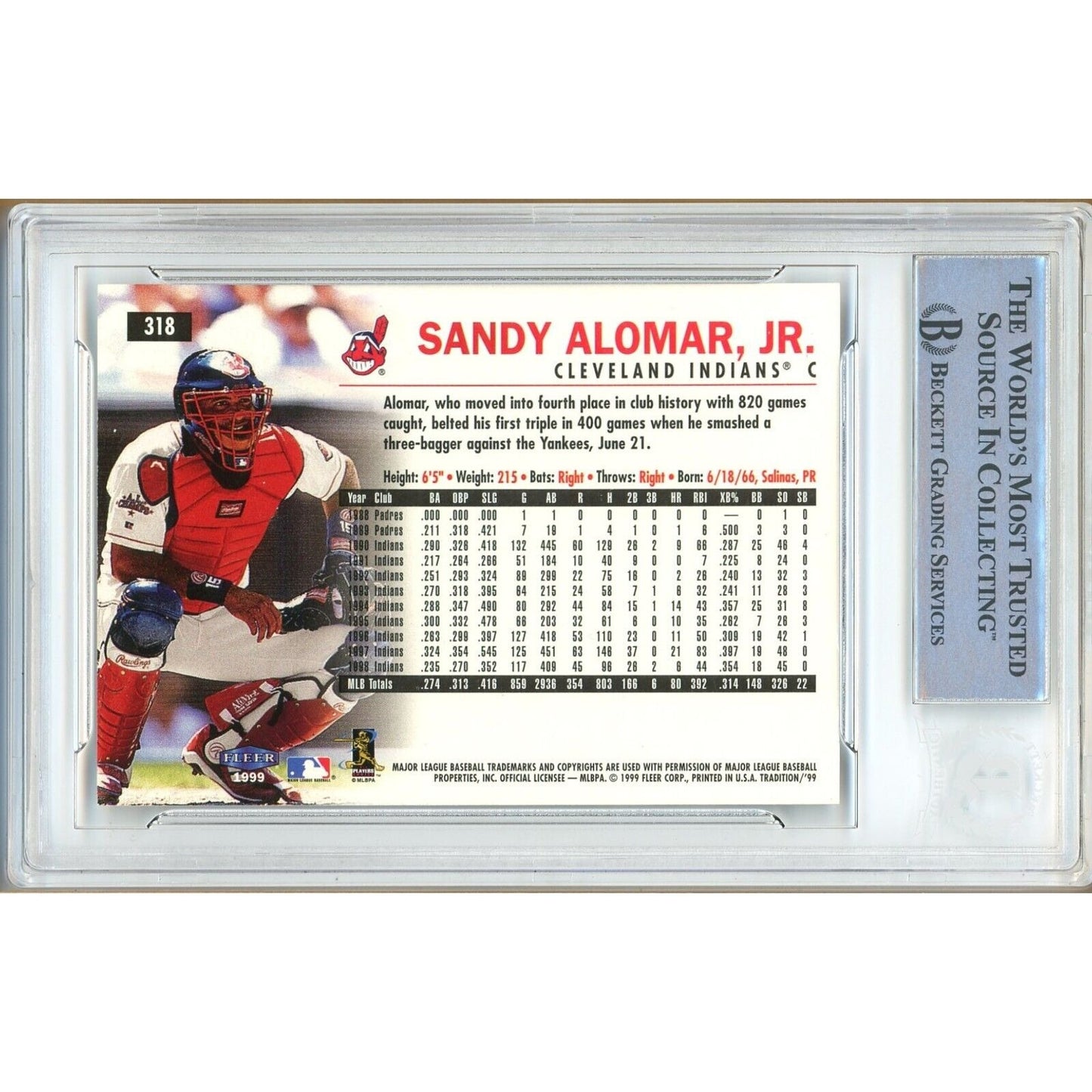 Baseballs- Autographed- Sandy Alomar Jr Cleveland Guardians Signed 1999 Fleer Tradition Trading Card Beckett Authentic Auto Slab Back