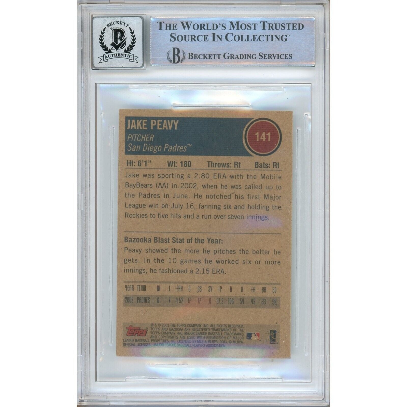 Baseballs- Autographed- Jake Peavy San Diego Padres Signed 2003 Topps Bazooka Minis Baseball Card Beckett Authentic BGS Auto-10 Graded Slab Back