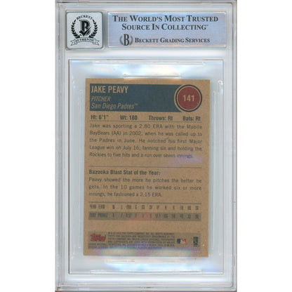 Baseballs- Autographed- Jake Peavy San Diego Padres Signed 2003 Topps Bazooka Minis Baseball Card Beckett Authentic BGS Auto-10 Graded Slab Back