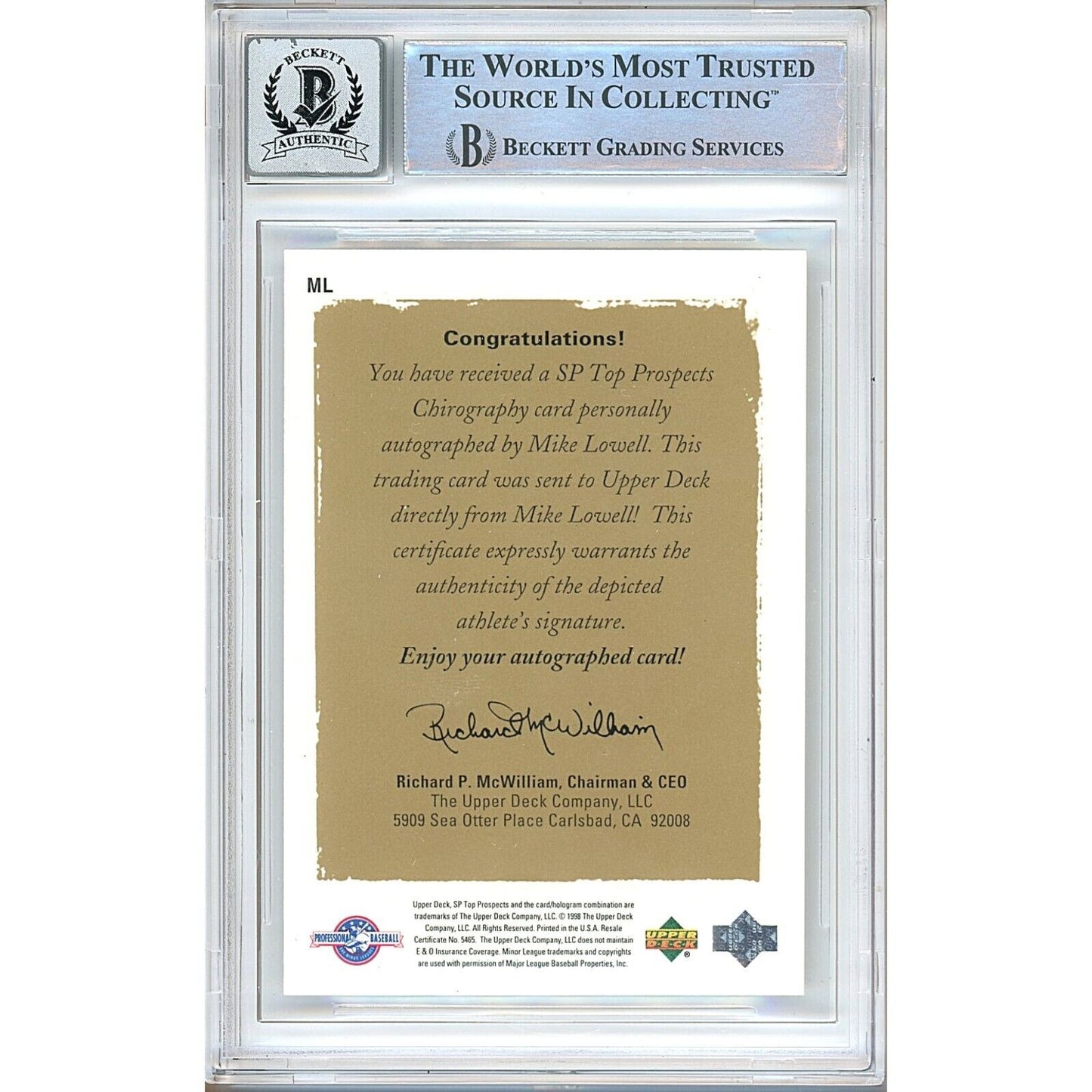 Baseballs- Autographed-  Mike Lowell Boston Red Sox Signed 1998 Upper Deck SP Authentic Chirography Rookie Baseball Card Beckett Authentic BGS Auto-10 Graded Slab Back