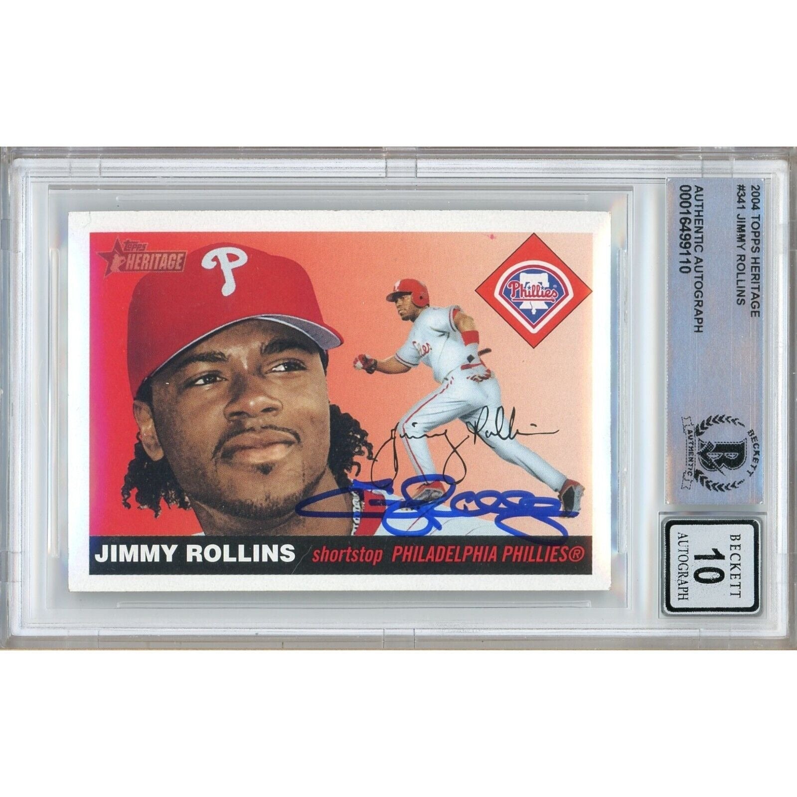 Baseballs- Autographed- Jimmy Rollins Philadelphia Phillies Signed 2004 Topps Heritage Baseball Card Beckett Authentic BGS Auto-10 Graded Slab Front