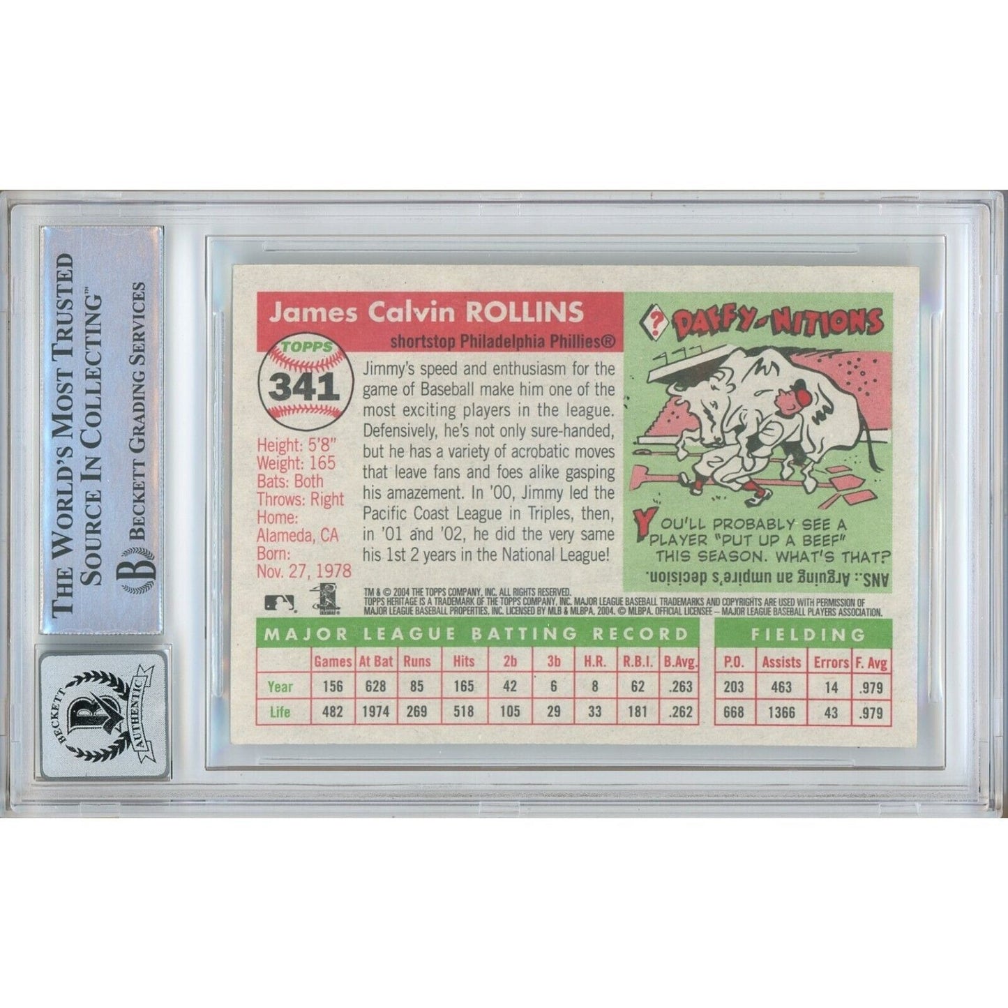 Baseballs- Autographed- Jimmy Rollins Philadelphia Phillies Signed 2004 Topps Heritage Baseball Card Beckett Authentic BGS Auto-10 Graded Slab Back