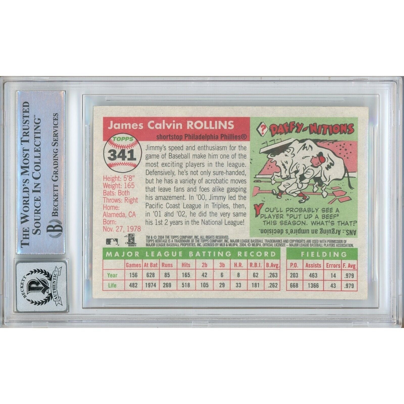 Baseballs- Autographed- Jimmy Rollins Philadelphia Phillies Signed 2004 Topps Heritage Baseball Card Beckett Authentic BGS Auto-10 Graded Slab Back