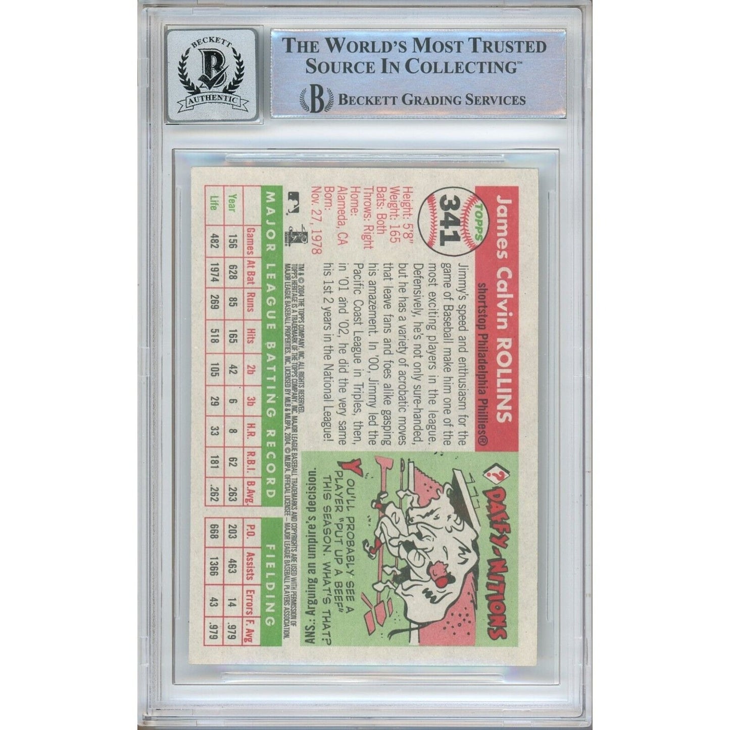 Baseballs- Autographed- Jimmy Rollins Philadelphia Phillies Signed 2004 Topps Heritage Baseball Card Beckett Authenticated BGS Auto-10 Graded Slab Back