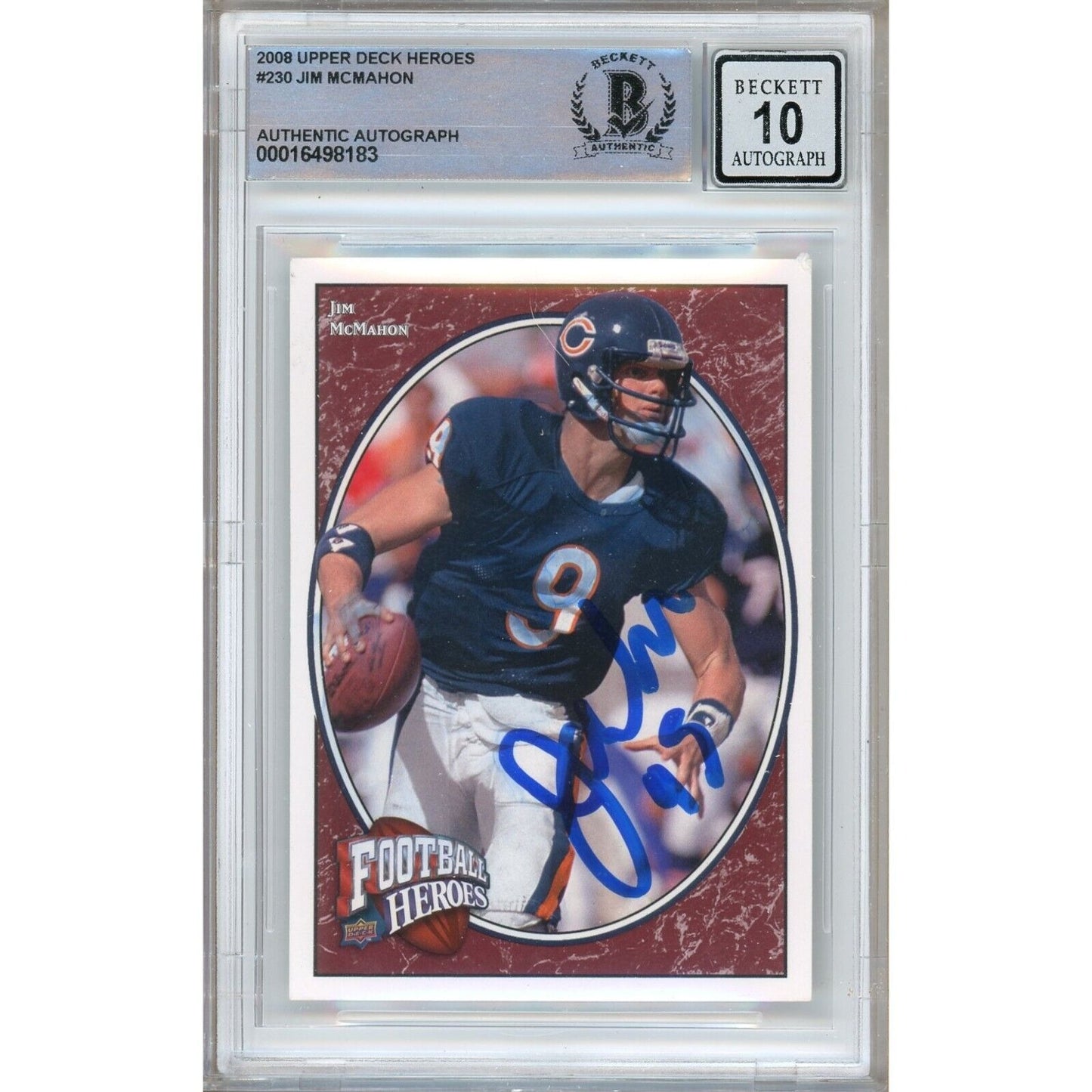 Footballs- Autographed- Jim McMahon Chicago Bears Signed 2008 Upper Deck Heroes Football Card Beckett Authentic BGS Auto-10 Graded Slab Front