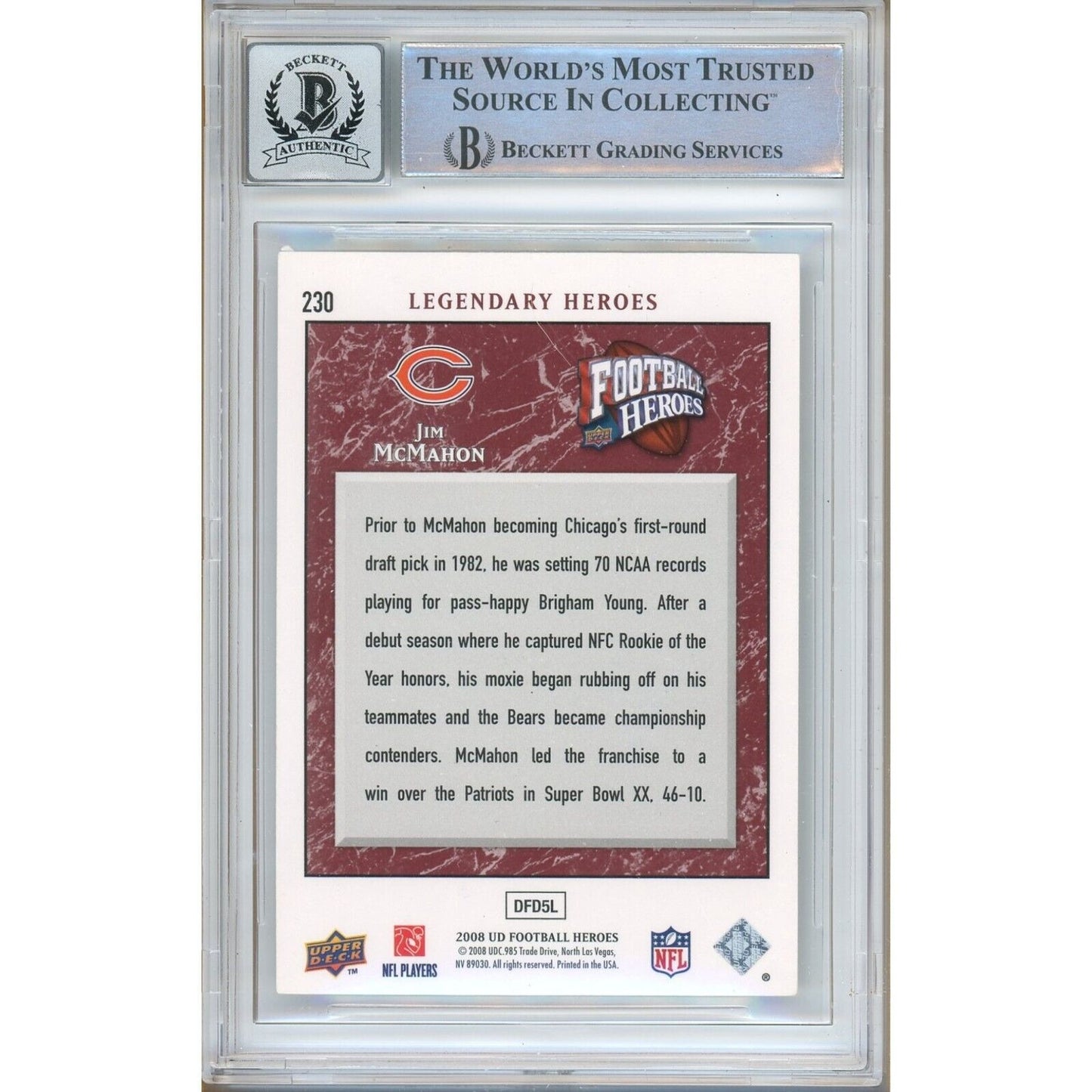 Footballs- Autographed- Jim McMahon Chicago Bears Signed 2008 Upper Deck Heroes Football Card Beckett Authentic BGS Auto-10 Graded Slab Back