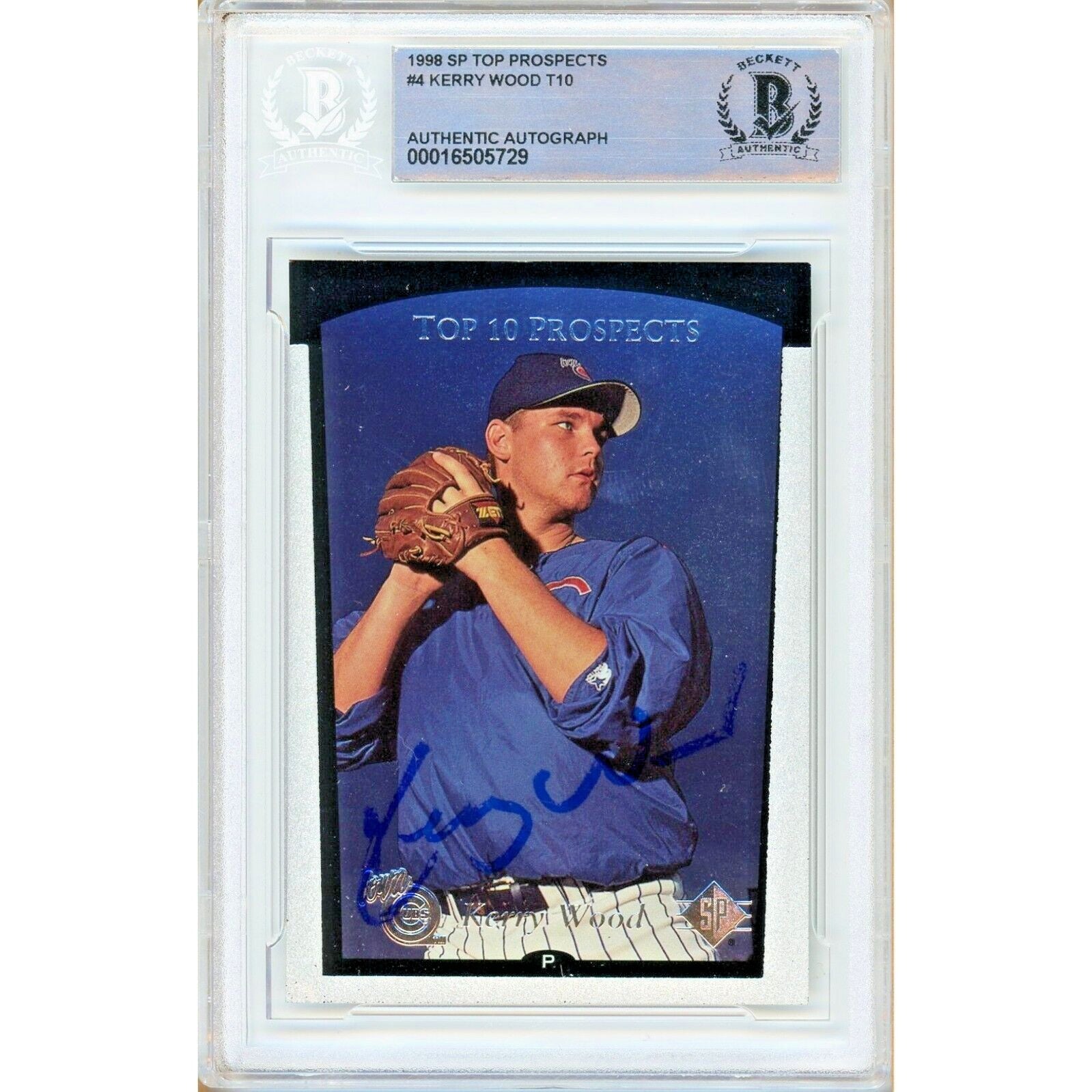 Baseballs- Autographed- Kerry Wood Chicago Cubs Signed 1998 SP Top 10 Prospects Baseball Rookie Card Beckett Authentic Auto Slab Front