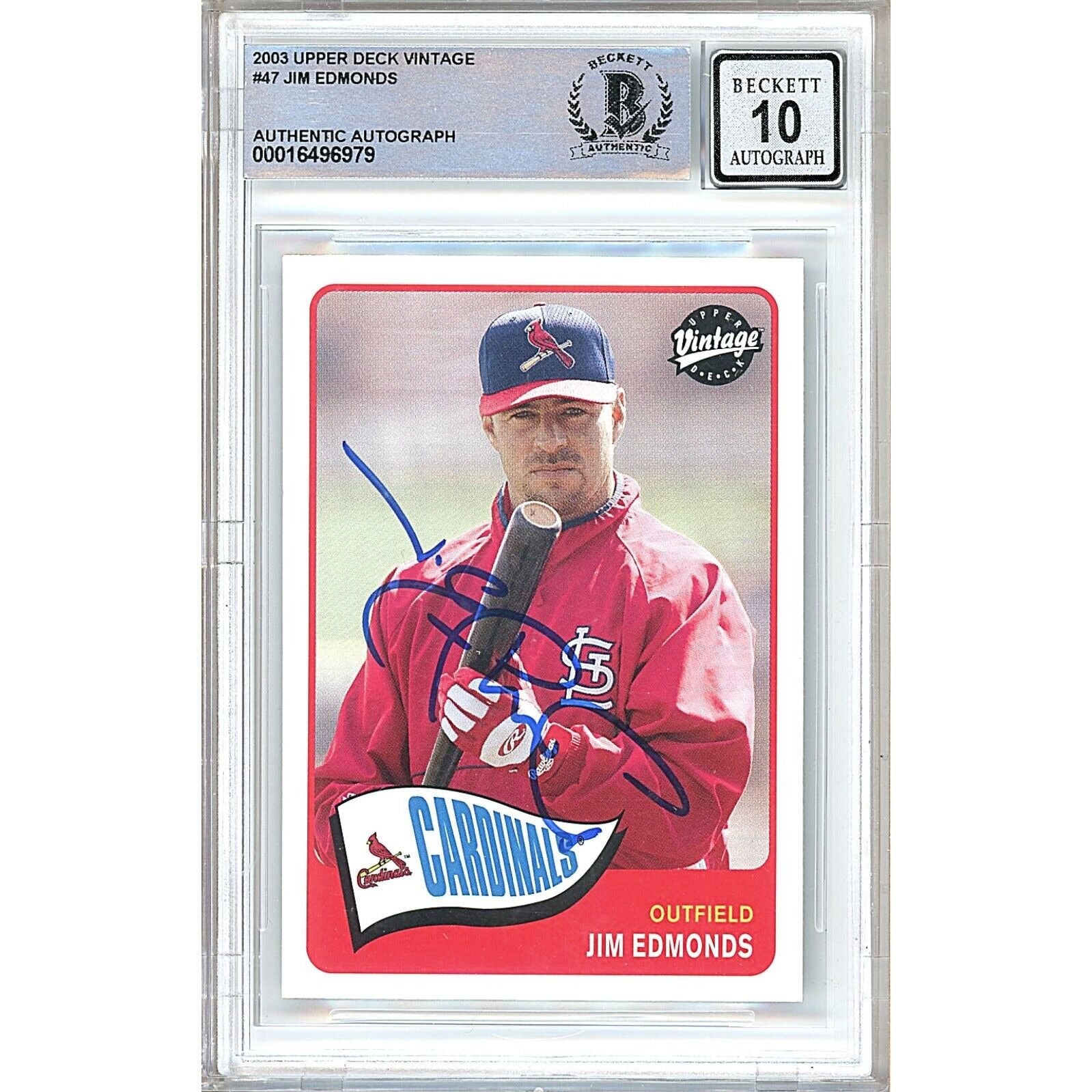 Baseballs- Autographed- Jim Edmonds St Louis Cardinals Signed 2003 Upper Deck Vintage Baseball Card Beckett Authentic BGS Auto-10 Graded Slab Front