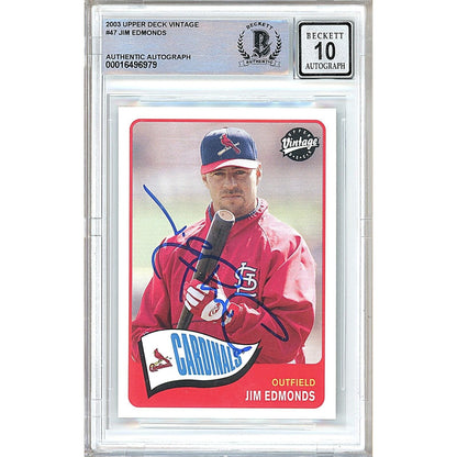 Baseballs- Autographed- Jim Edmonds St Louis Cardinals Signed 2003 Upper Deck Vintage Baseball Card Beckett Authentic BGS Auto-10 Graded Slab Front