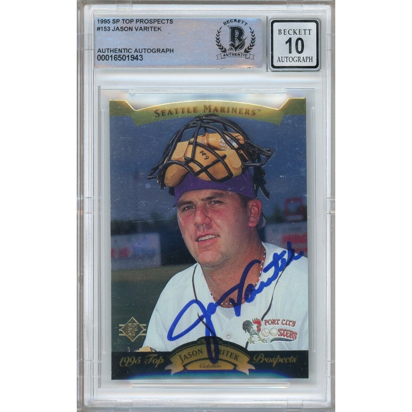 Baseballs- Autographed- Jason Varitek Boston Red Sox Signed 1995 Upper Deck SP Top Prospects Rookie Baseball Card Beckett Authentic BGS Auto-10 Graded Slab Front