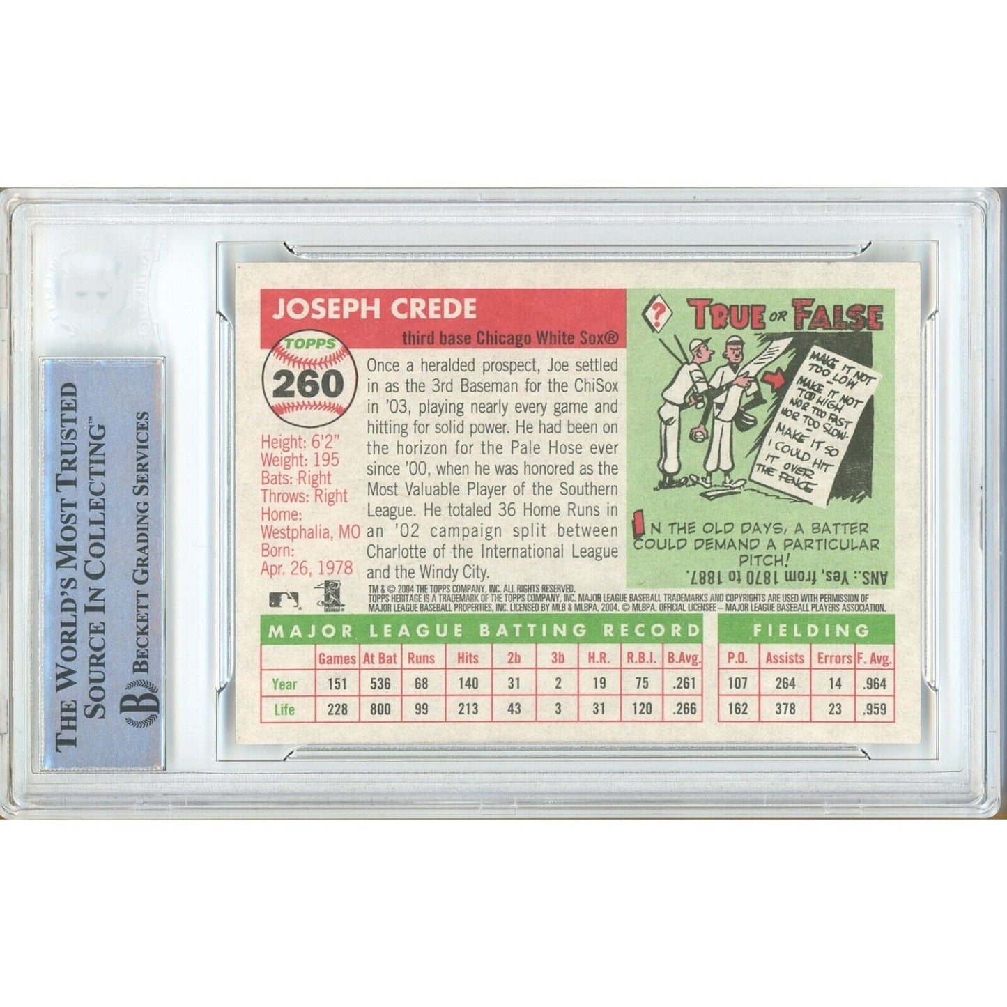 Baseballs- Autographed- Joe Crede Chicago White Sox Signed 2004 Topps Heritage Baseball Card Beckett Authentic Auto Slab Back