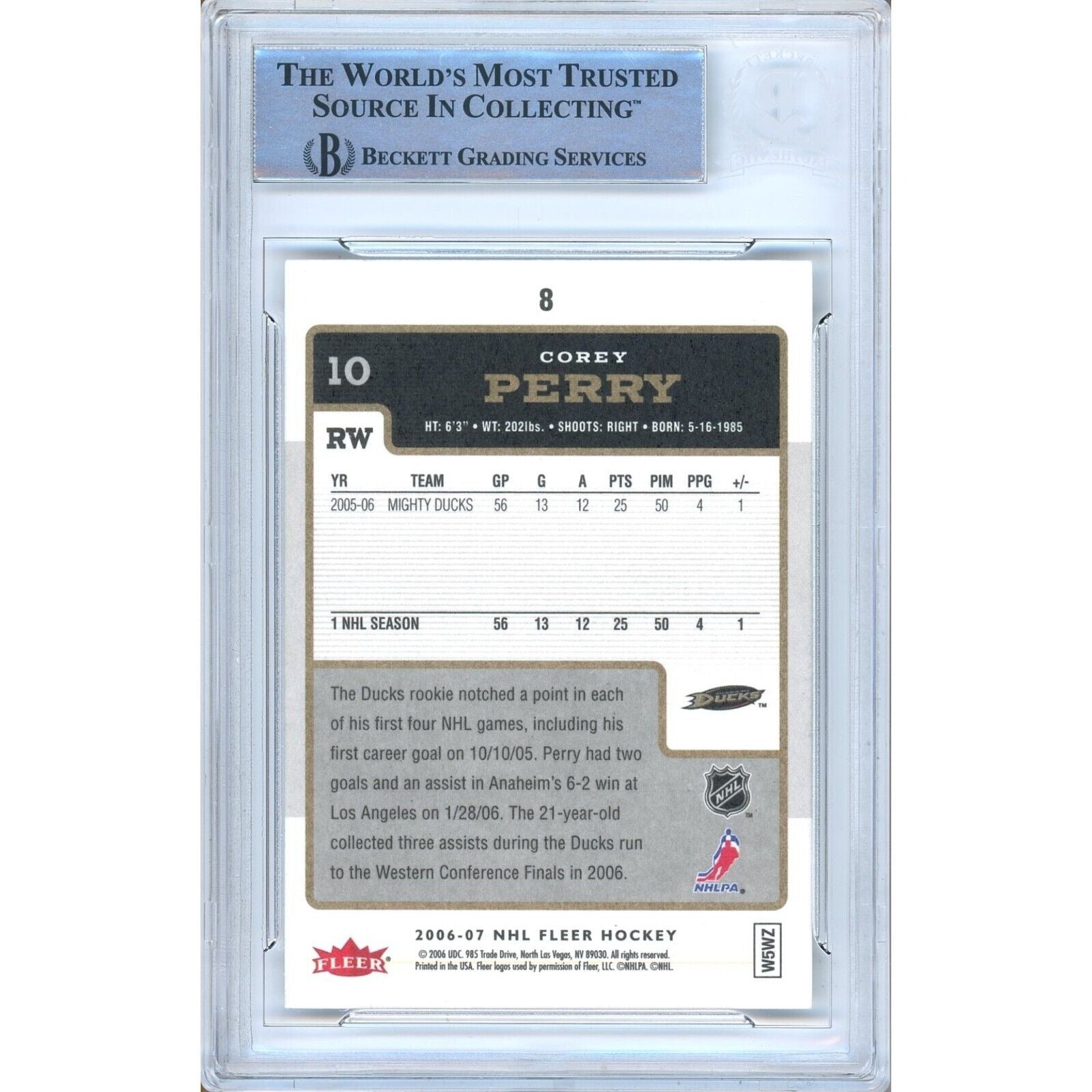 2006 Fleer #8 Corey Perry Anaheim Ducks Signed Trading Card – Beckett BAS