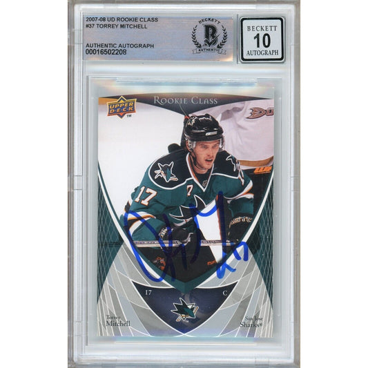 Hockey- Autographed- Torrey Mitchell San Jose Sharks Signed 2007-08 Upper Deck Rookie Class Trading Card Beckett Authentic BGS Auto-10 Graded Slab Front