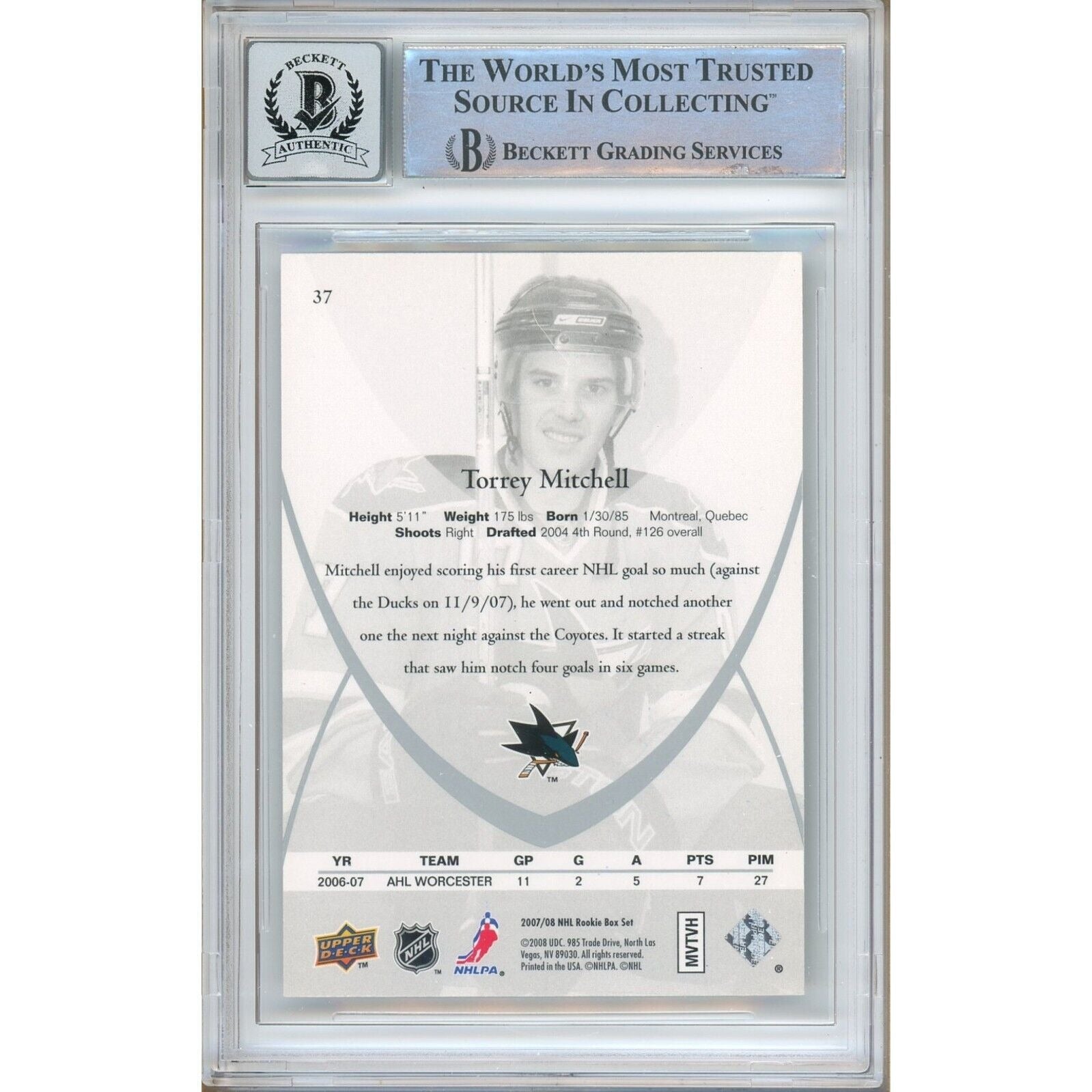 Hockey- Autographed- Torrey Mitchell San Jose Sharks Signed 2007-08 Upper Deck Rookie Class Trading Card Beckett Authentic BGS Auto-10 Graded Slab Back