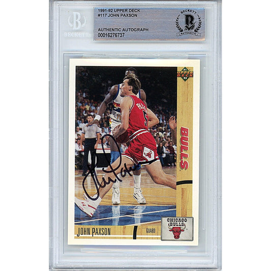 Basketballs- Autographed- John Paxson Signed Chicago Bulls Signed 1991-92 Upper Deck Basketball Card Beckett Authentic Auto Slab Front