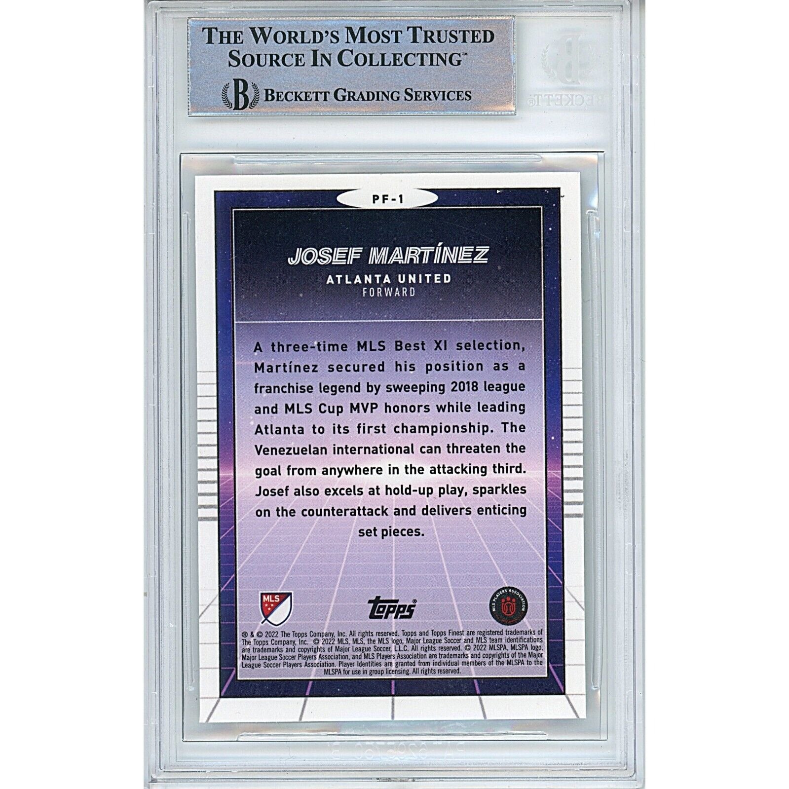 Soccer- Autographed- Josef Martinez Atlanta United FC Signed 2022 Finest MLS Prized Footballers Insert Soccer Card Beckett Authentic Auto Slab Back