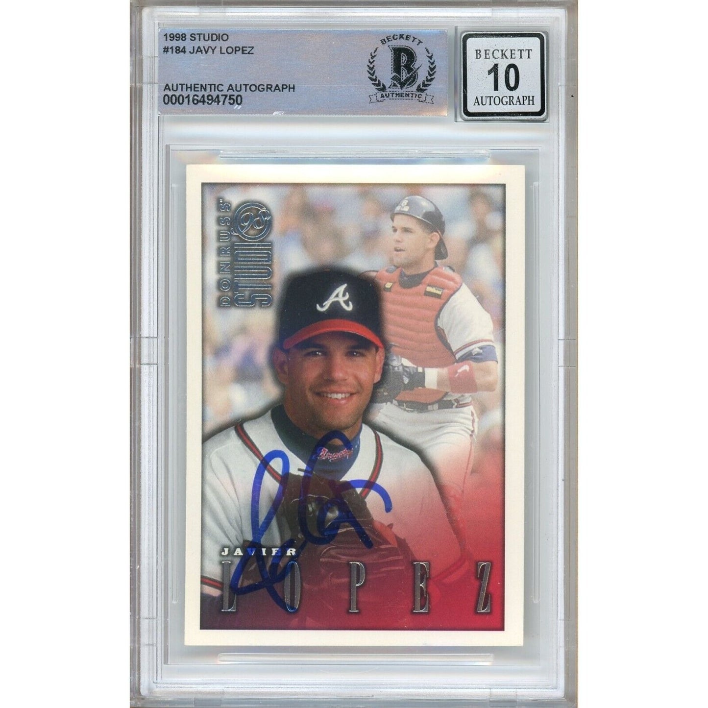 Baseballs- Autographed- Javy Lopez Atlanta Braves Signed 1998 Donruss Studio Baseball Card Beckett Authentic BGS Auto-10 Graded Slab Front