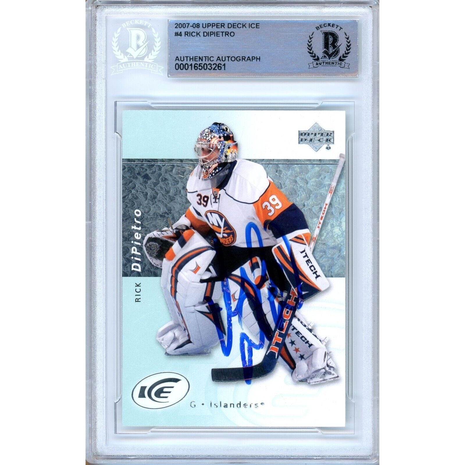 Hockey- Autographed- Rick Dipietro New York Islanders Signed 2007-08 Upper Deck Ice Hockey Card Beckett Authentic Auto Slab Front