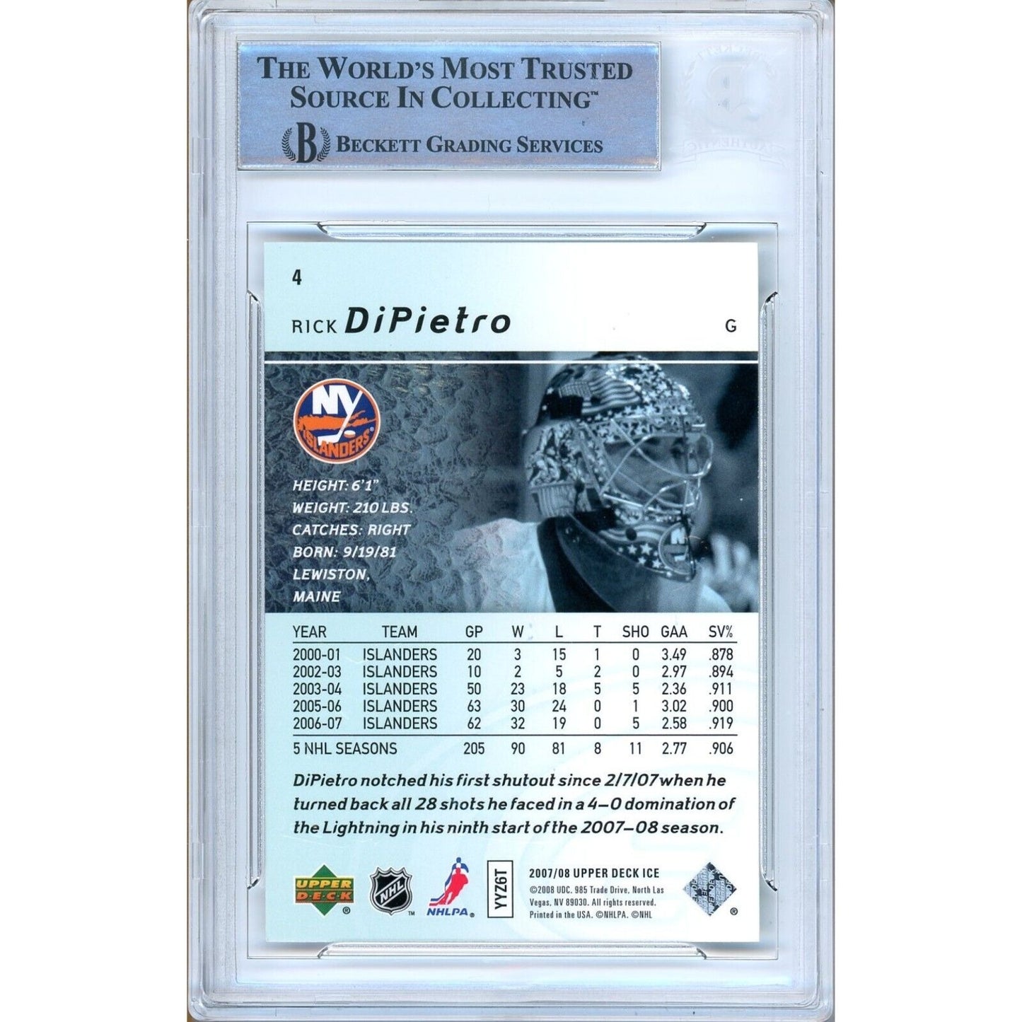 Hockey- Autographed- Rick Dipietro New York Islanders Signed 2007-08 Upper Deck Ice Hockey Card Beckett Authentic Auto Slab Back