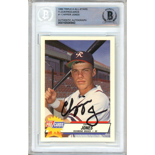 Baseballs- Autographed- Chipper Jones Atlanta Braves Signed 1992 Triple A All Stars Fleer Pro Cards Baseball Card Beckett Authentic Auto Slab Front