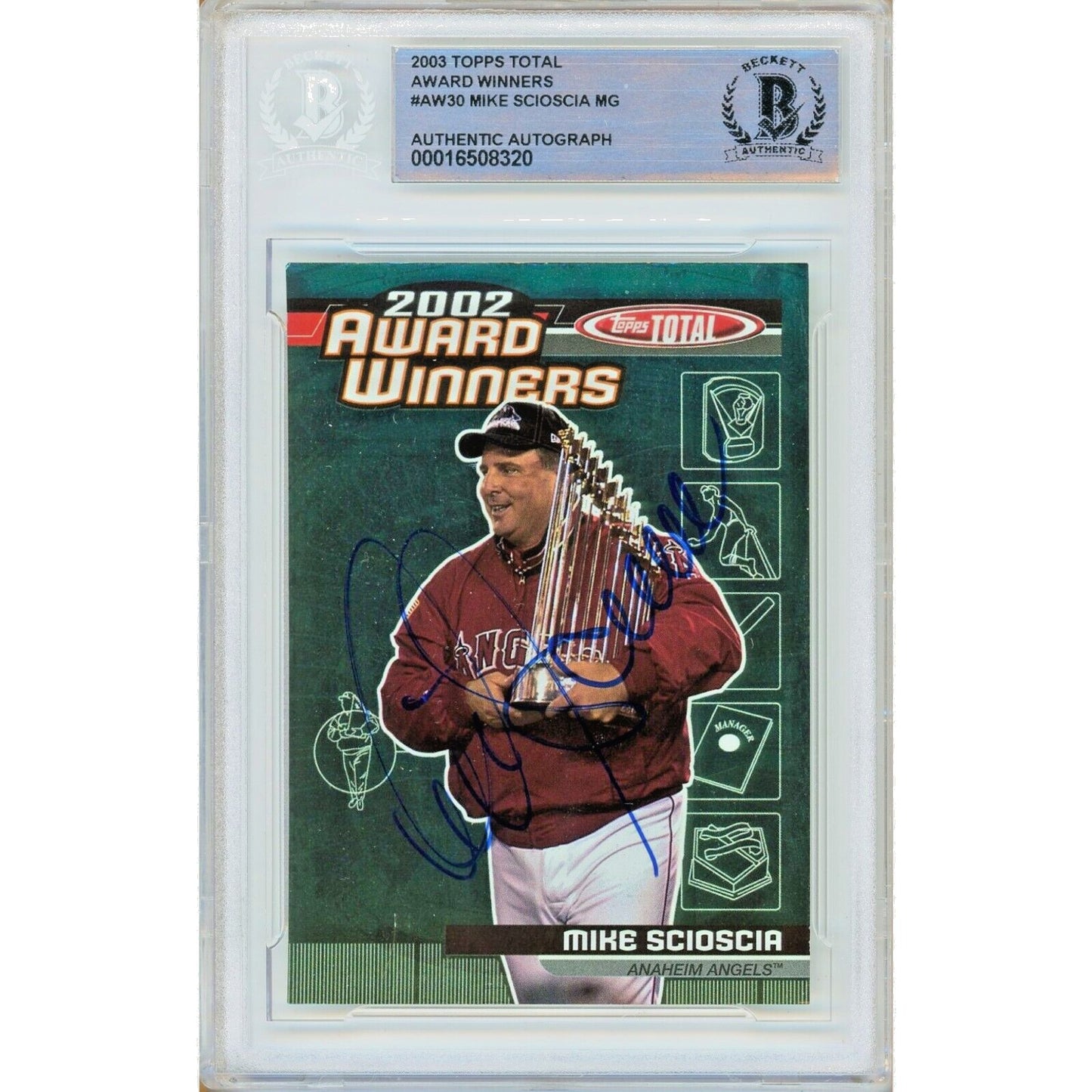 Baseballs- Autographed- Mike Scioscia Los Angeles Angels Signed 2003 Topps Total 2002 World Series Champions Baseball Card Beckett Authentic Auto Slab Front