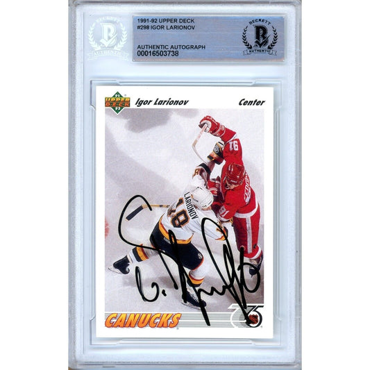 Hockey- Autographed- Igor Larionov Vancouver Canucks Signed 1991-92 Upper Deck Hockey Card Beckett Authentic Auto Slab Front