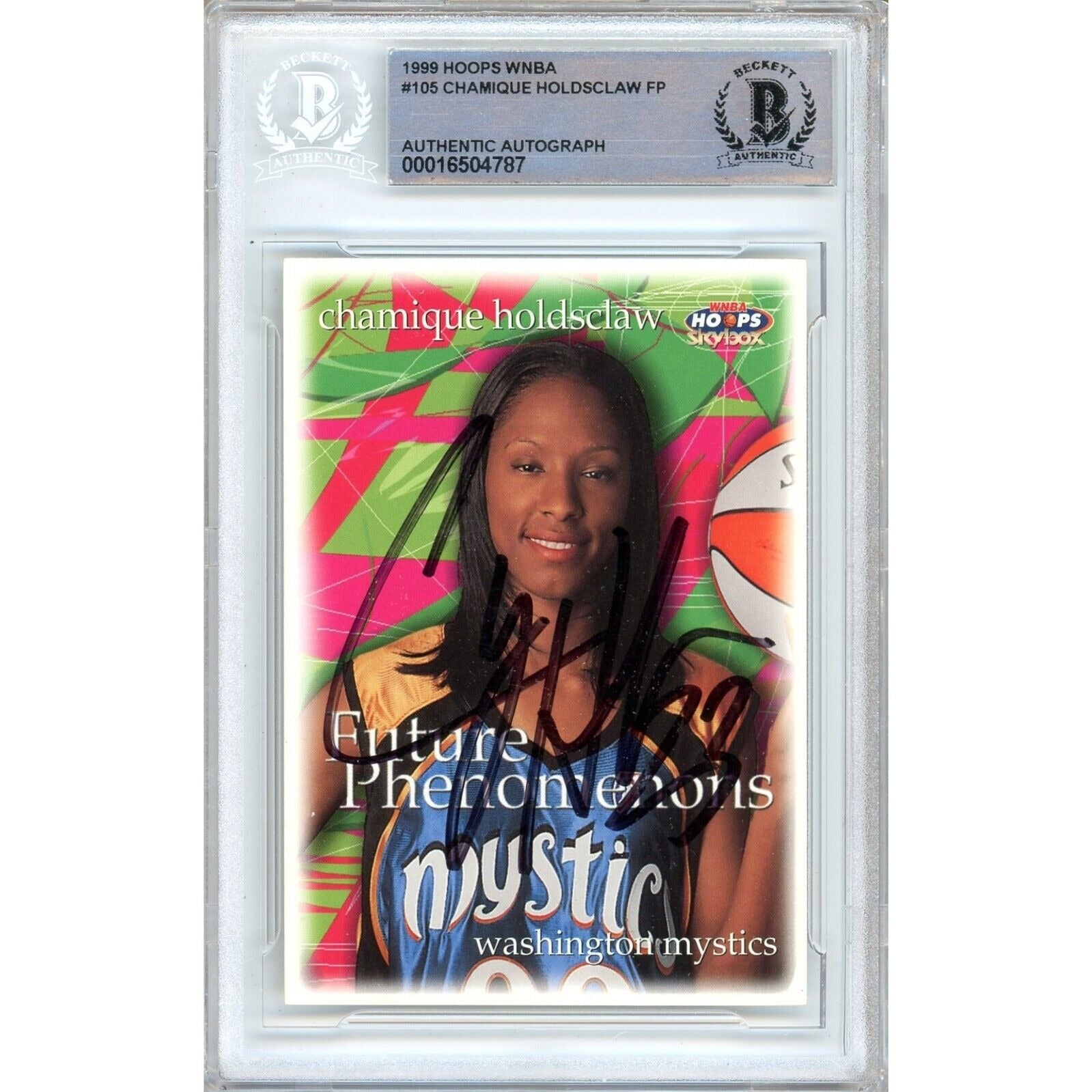 Basketballs- Autographed- Chamique Holdsclaw Washington Mystics Signed 1999 Hoops WNBA Basketball Card Beckett Authentic Auto Slab Front