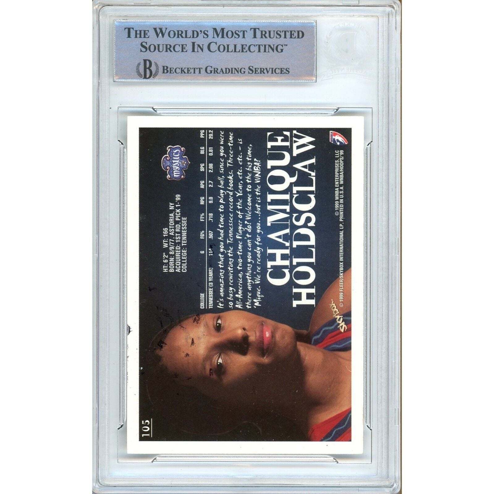 Basketballs- Autographed- Chamique Holdsclaw Washington Mystics Signed 1999 Hoops WNBA Basketball Card Beckett Authenticated Auto Slab Back