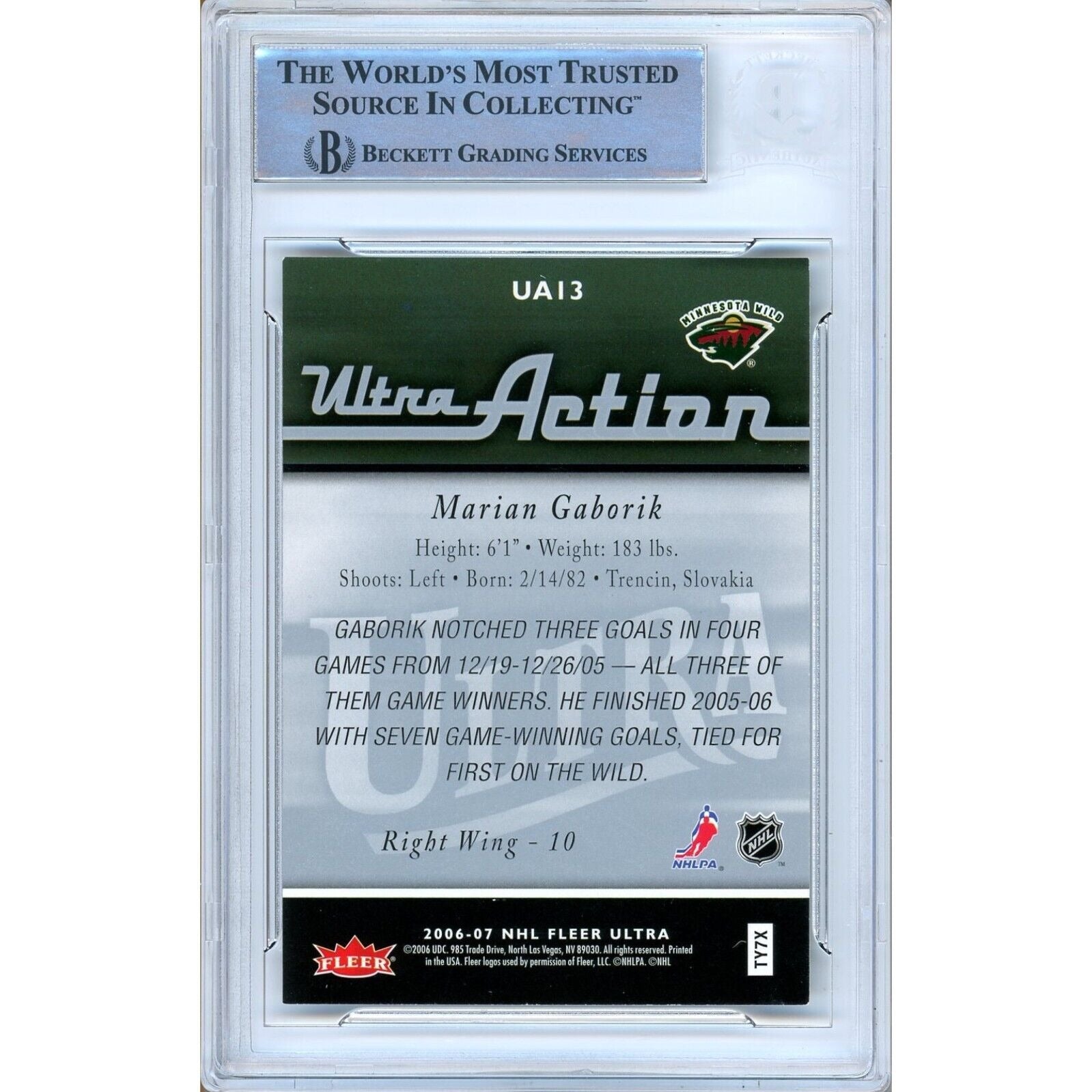 Hockey- Autographed- Marian Gaborik Minnesota Wild Signed 2006-07 Fleer Ultra Action Hockey Card Beckett Authentic Auto Slab Back