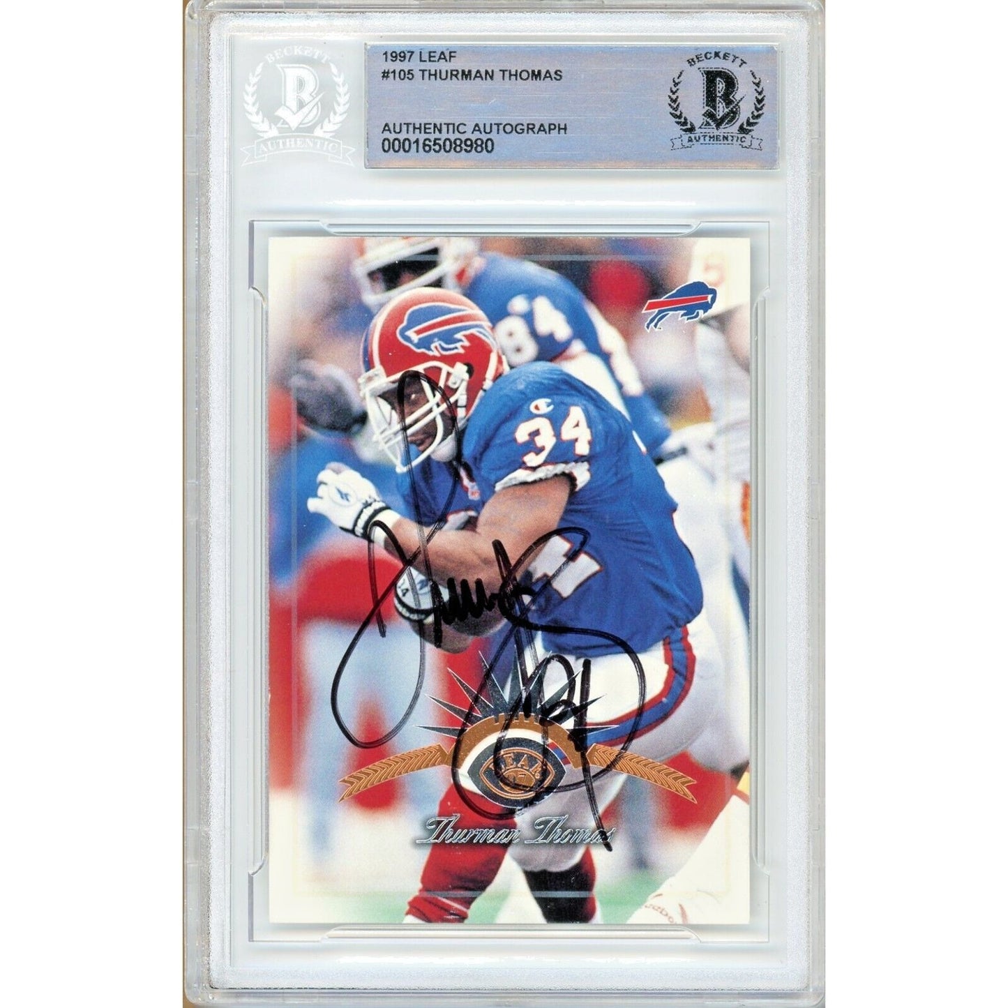 Footballs- Autographed- Thurman Thomas Buffalo Bills Signed 1997 Leaf Trading Card Beckett Authentic Auto Slab Front