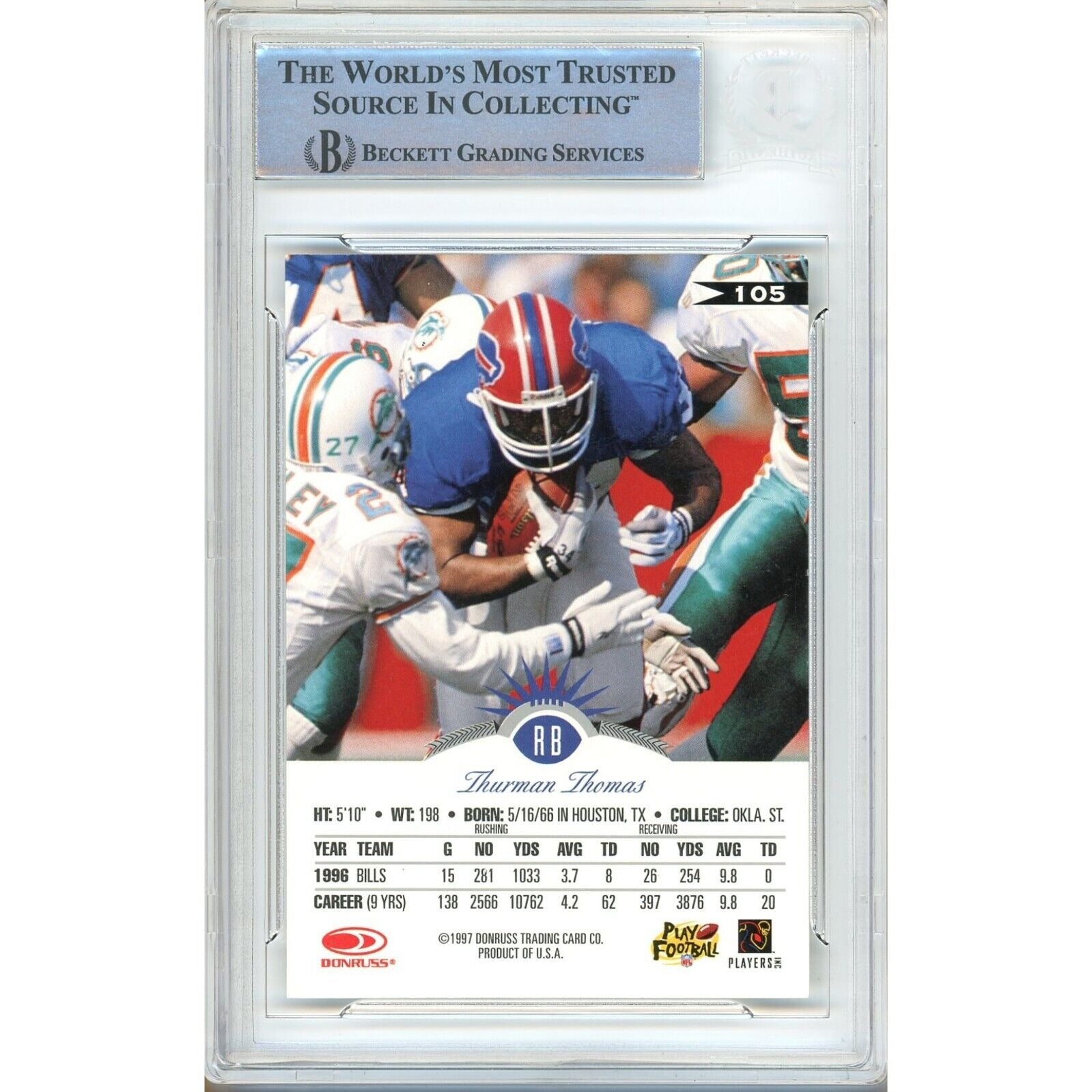 Footballs- Autographed- Thurman Thomas Buffalo Bills Signed 1997 Leaf Trading Card Beckett Authentic Auto Slab Back