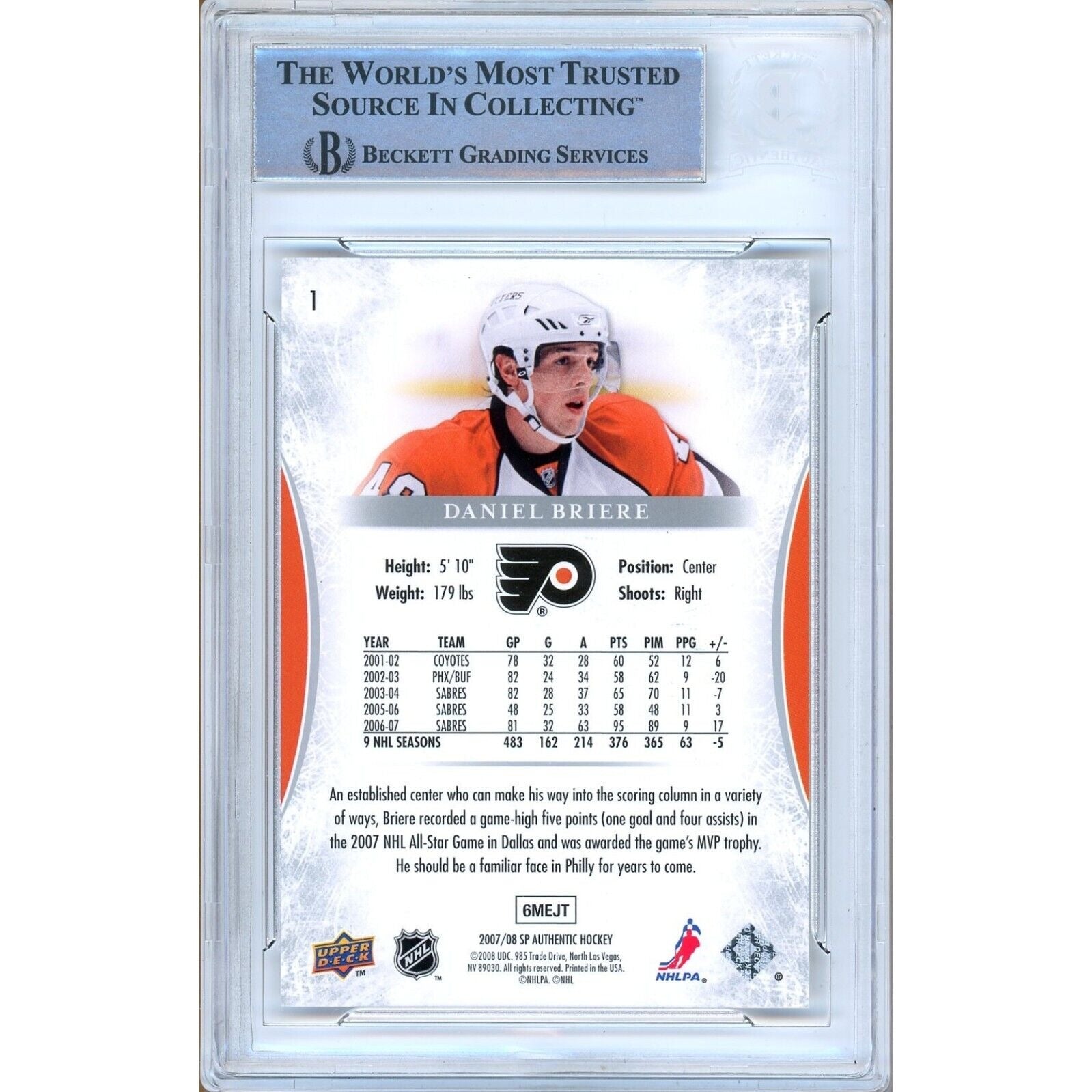 2007 Upper Deck #1 Daniel Briere Philadelphia Flyers Signed Trading Card – Beckett BAS