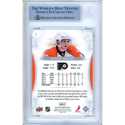 Hockey- Autographed- Daniel Briere Philadelphia Flyers Signed 2007-08 SP Authentic Hockey Card Beckett Auth Auto Slab Back