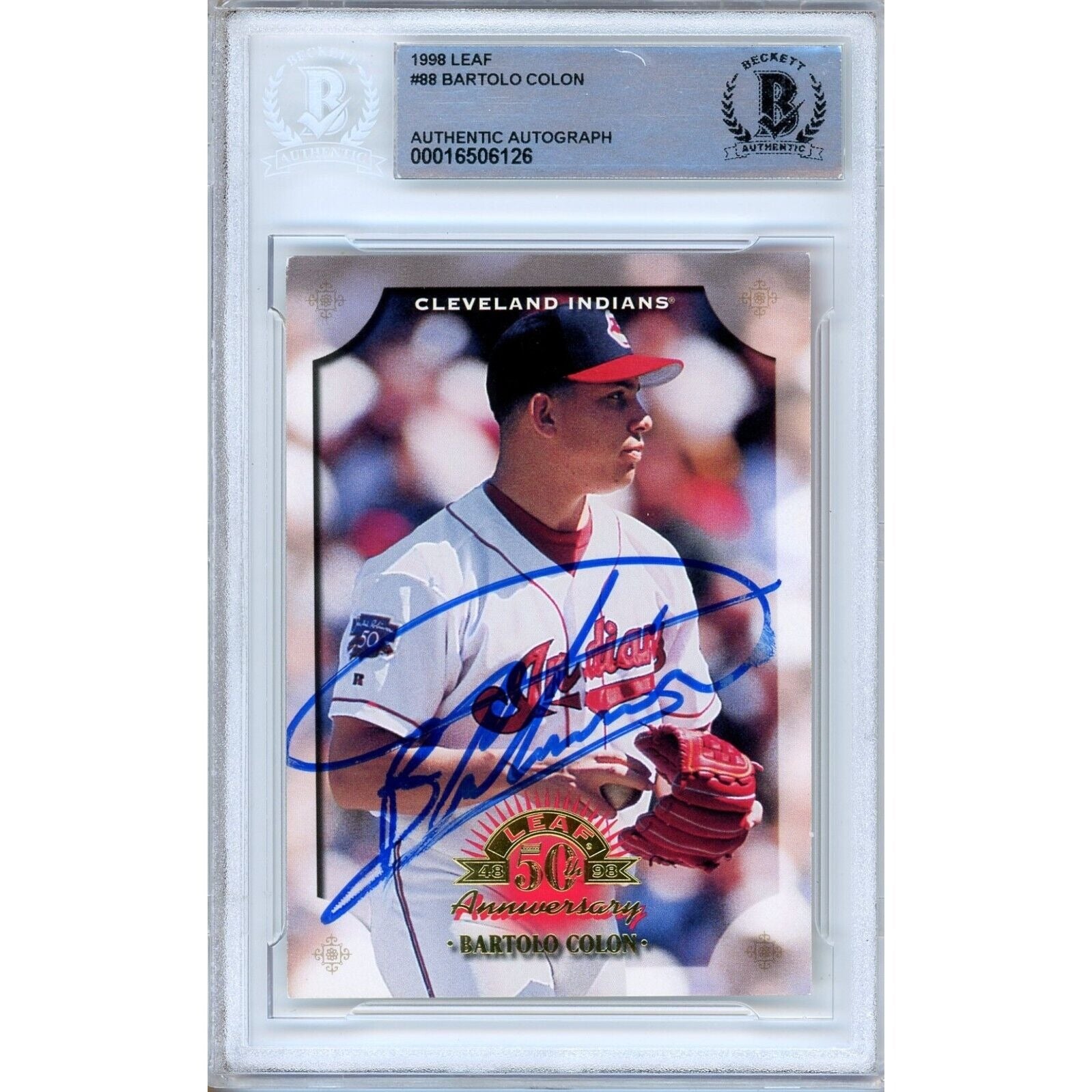 Baseballs- Autographed- Bartolo Colon Cleveland Indians Signed 1998 Leaf Baseball Card Beckett Authentic Auto Slab Front