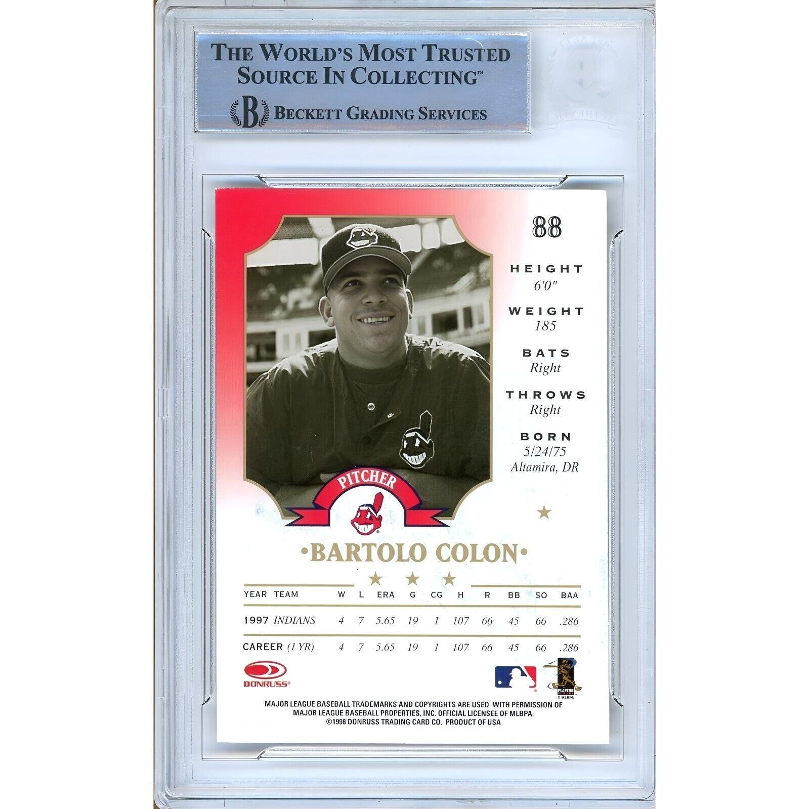 1998 Leaf Bartolo Colon Cleveland Indians Signed Trading Card – Beckett BAS