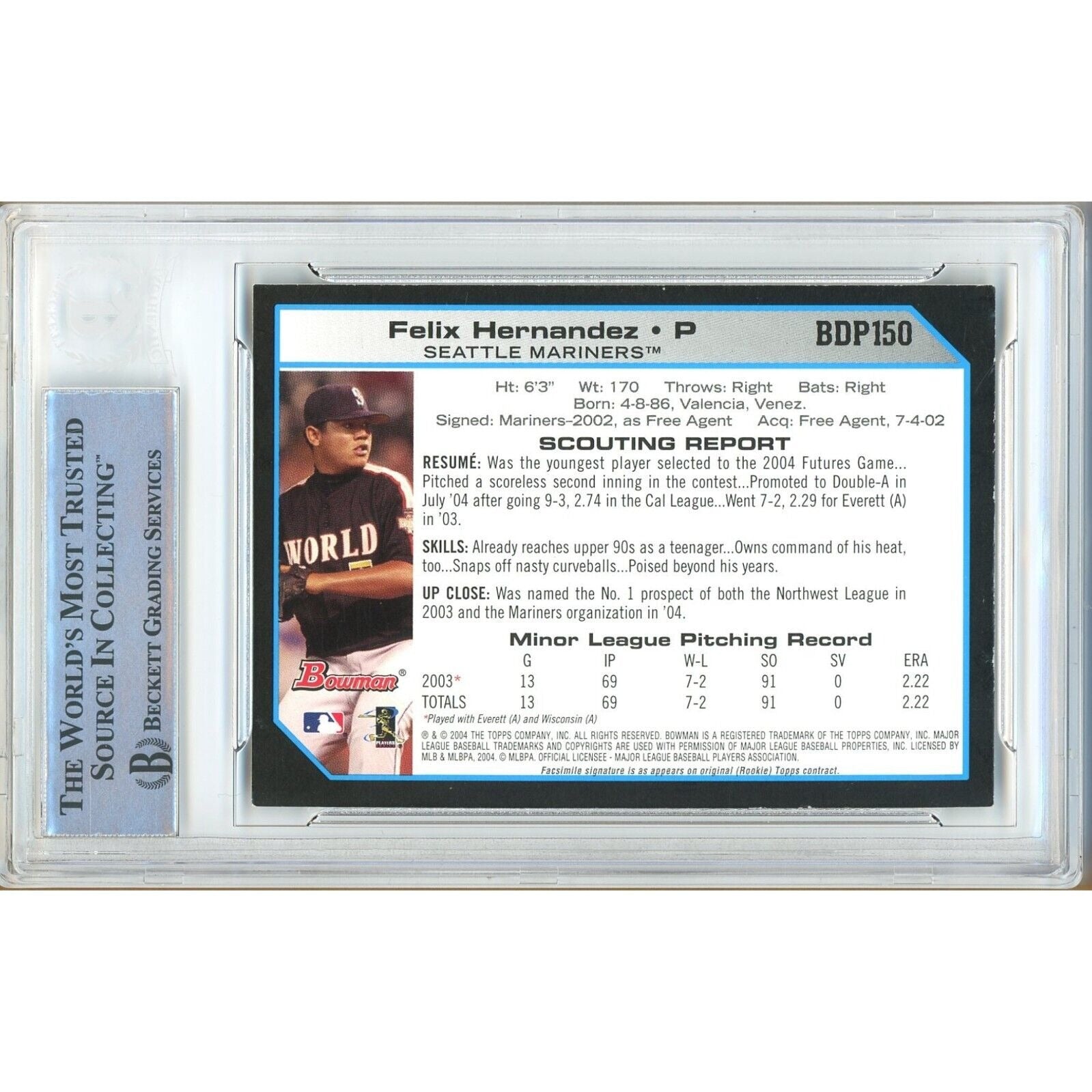 Felix Hernandez Bowman Draft Picks Signed Trading Card Beckett BAS