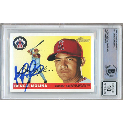 Baseballs- Autographed- Bengie Molina Anaheim Angels Signed 2004 Topps Heritage Baseball Card Beckett Authentic BGS Auto-10 Graded Slab Front