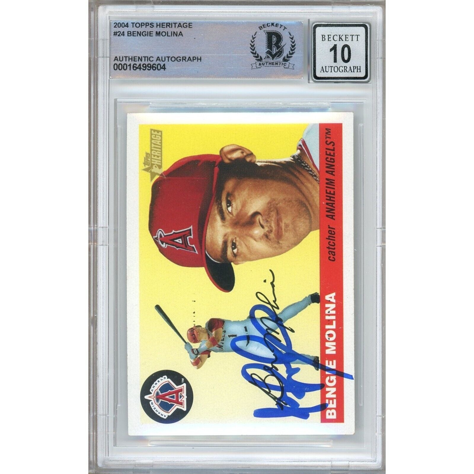 Baseballs- Autographed- Bengie Molina Los Angeles Angels Signed 2004 Topps Heritage Baseball Card Beckett Authentic BGS Auto-10 Graded Slab Front