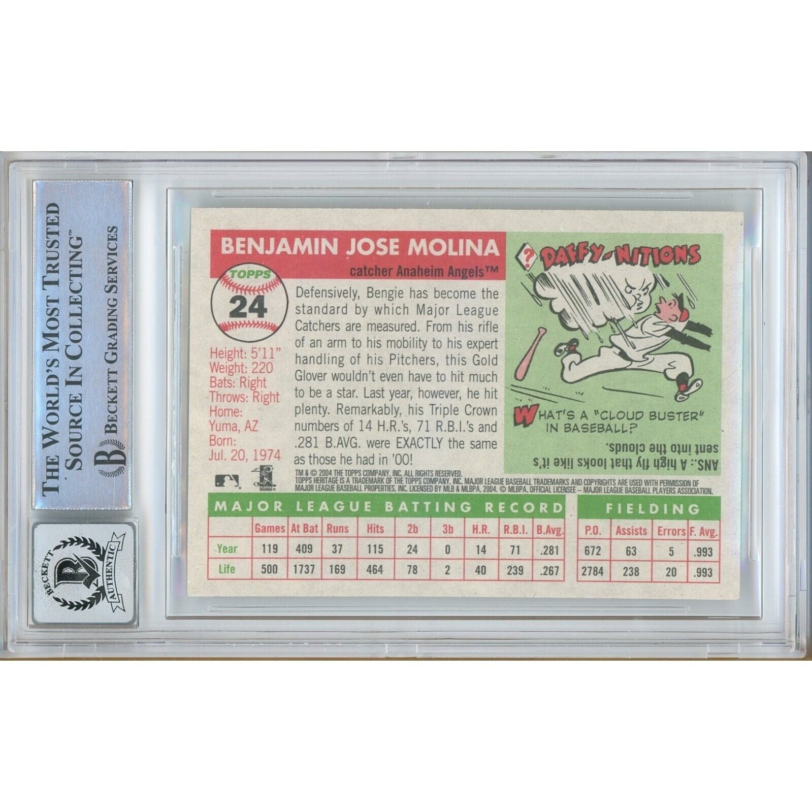 Baseballs- Autographed- Bengie Molina Anaheim Angels Signed 2004 Topps Heritage Baseball Card Beckett Authentic BGS Auto-10 Graded Slab Back