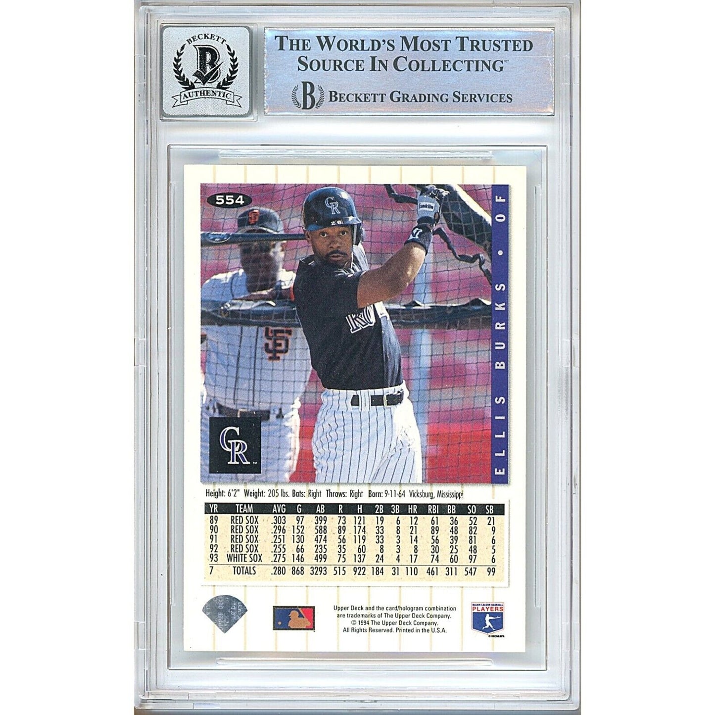 Baseballs- Autographed- Ellis Burks Colorado Rockies Signed 1994 Collectors Choice Baseball Card Beckett Authentic BGS Auto-10 Graded Slab Back