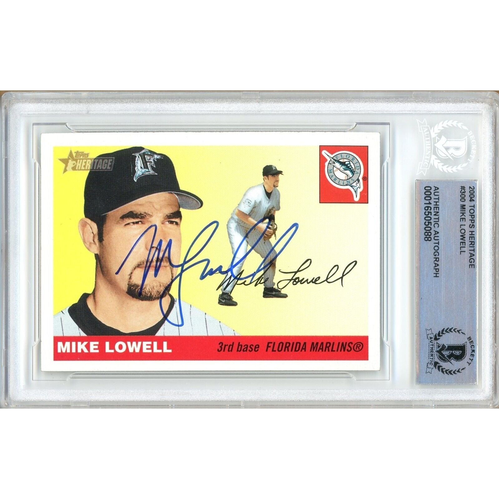 Baseballs- Autographed- Mike Lowell Florida Marlins Signed 2004 Topps Heritage Baseball Card Beckett Authentic Auto Slab Front